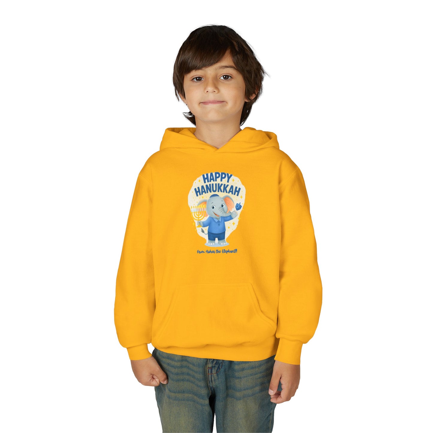 Happy Hanukkah Asher the Elephant Kids Hoodie (Standing Logo)