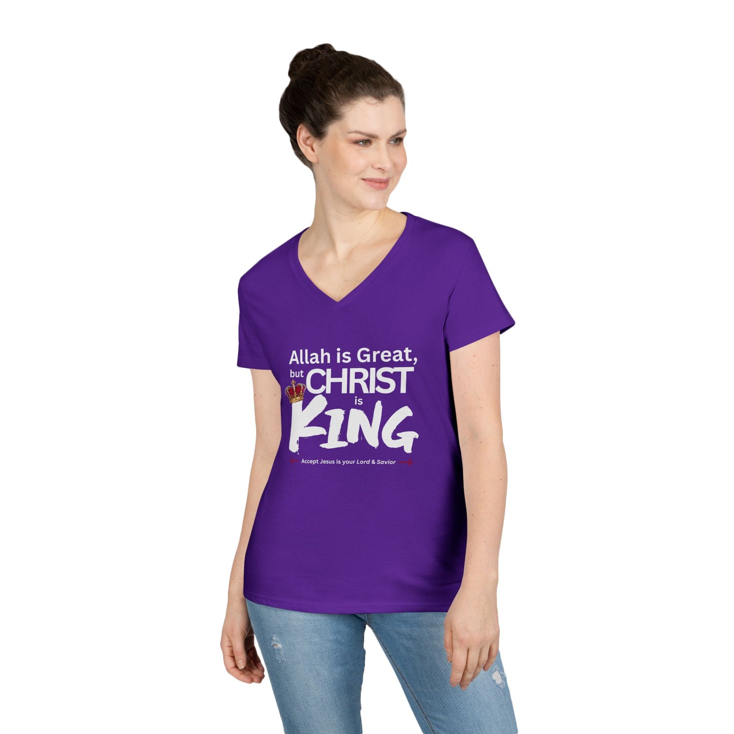 "Christ is King" Women's V-Neck Tshirt (Great Logo - White) - Sweet Baby Jeez Teez