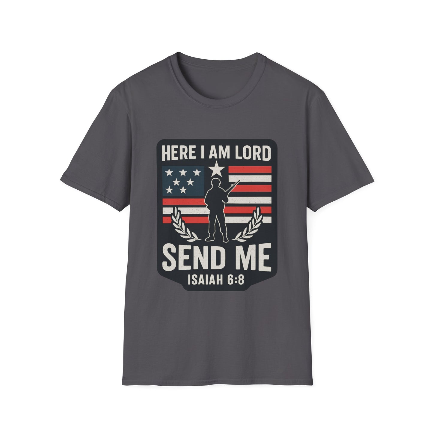 "Here I Am Lord" Isaiah 6:8 Bible Verse Christian Tshirt (Soldier Logo)