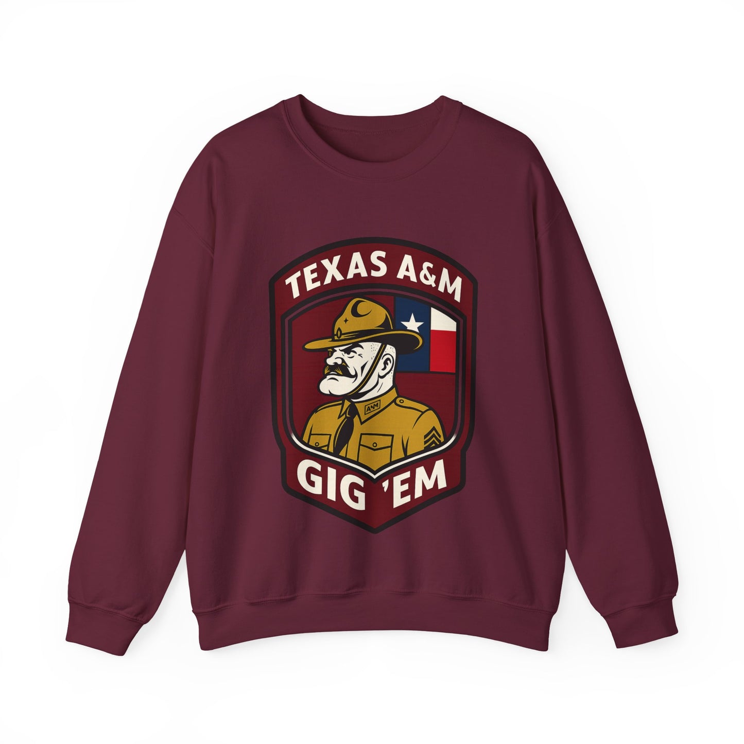 Gig 'Em Aggies Old Sarge Crest Texas A&M Soft Cozy Sweatshirt (Texas Flag Logo 3)