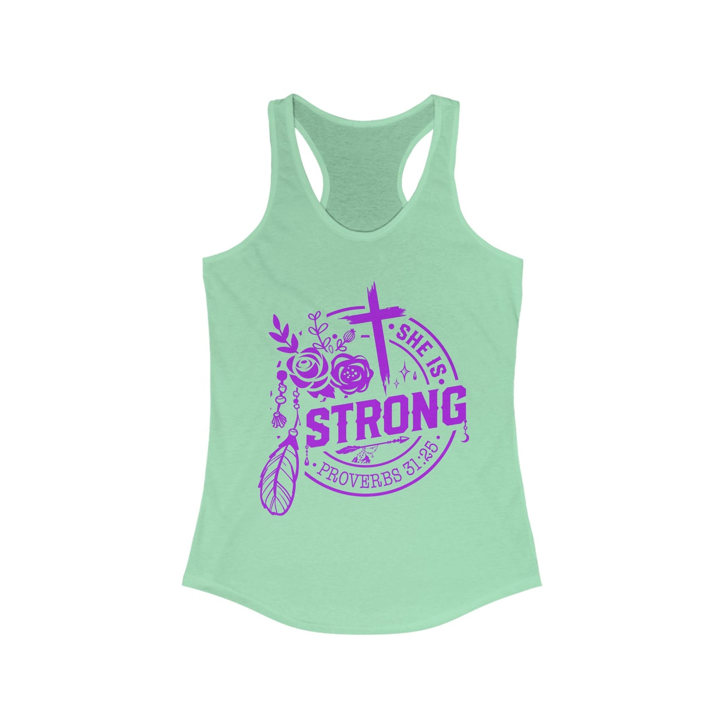 "She is Strong" Proverbs 31:25 Bible Verse Women's Racerback Tank (Hot Pink Logo)