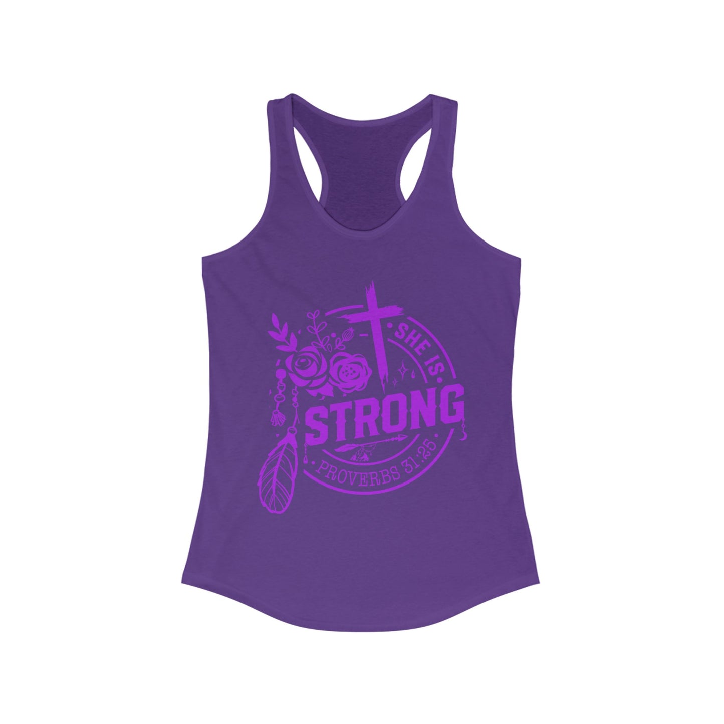 "She is Strong" Proverbs 31:25 Bible Verse Women's Racerback Tank (Hot Pink Logo)