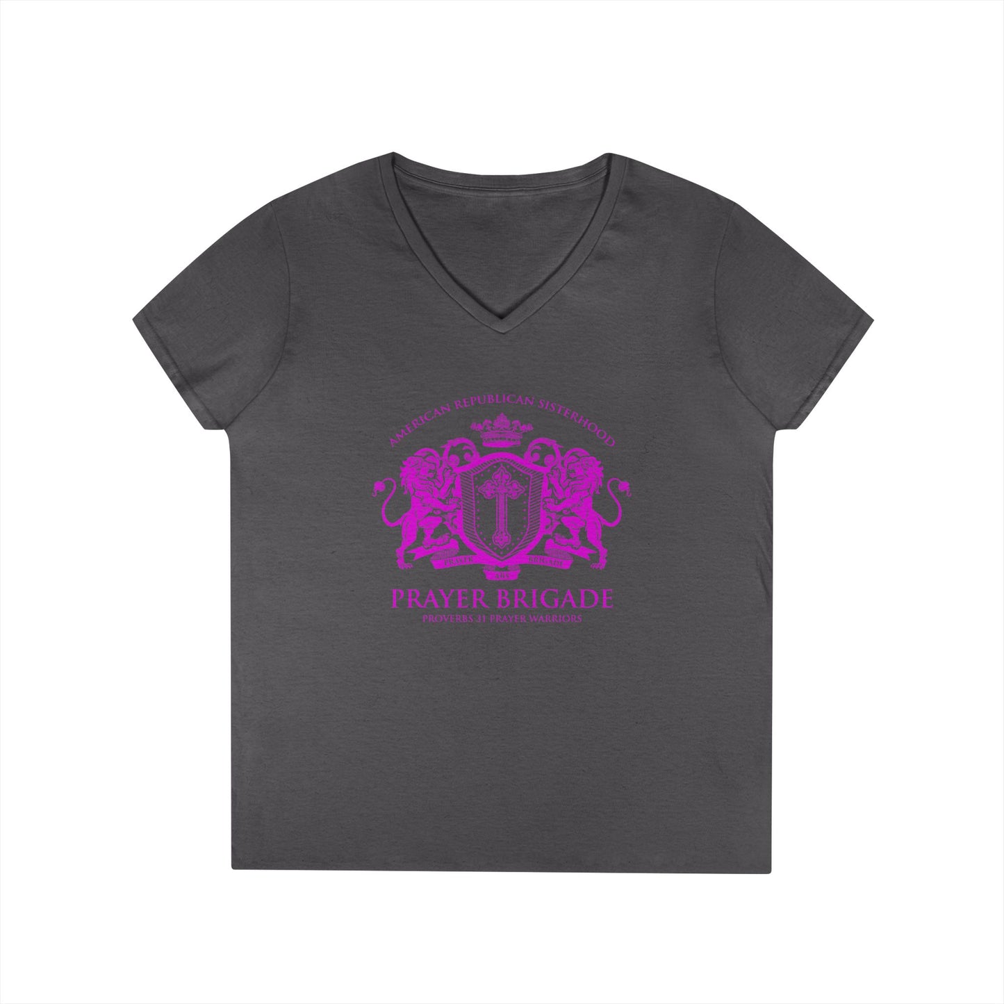 ARS Prayer Brigade Ladies' V-Neck T-Shirt (Dark Gray with Hot Pink Logo)
