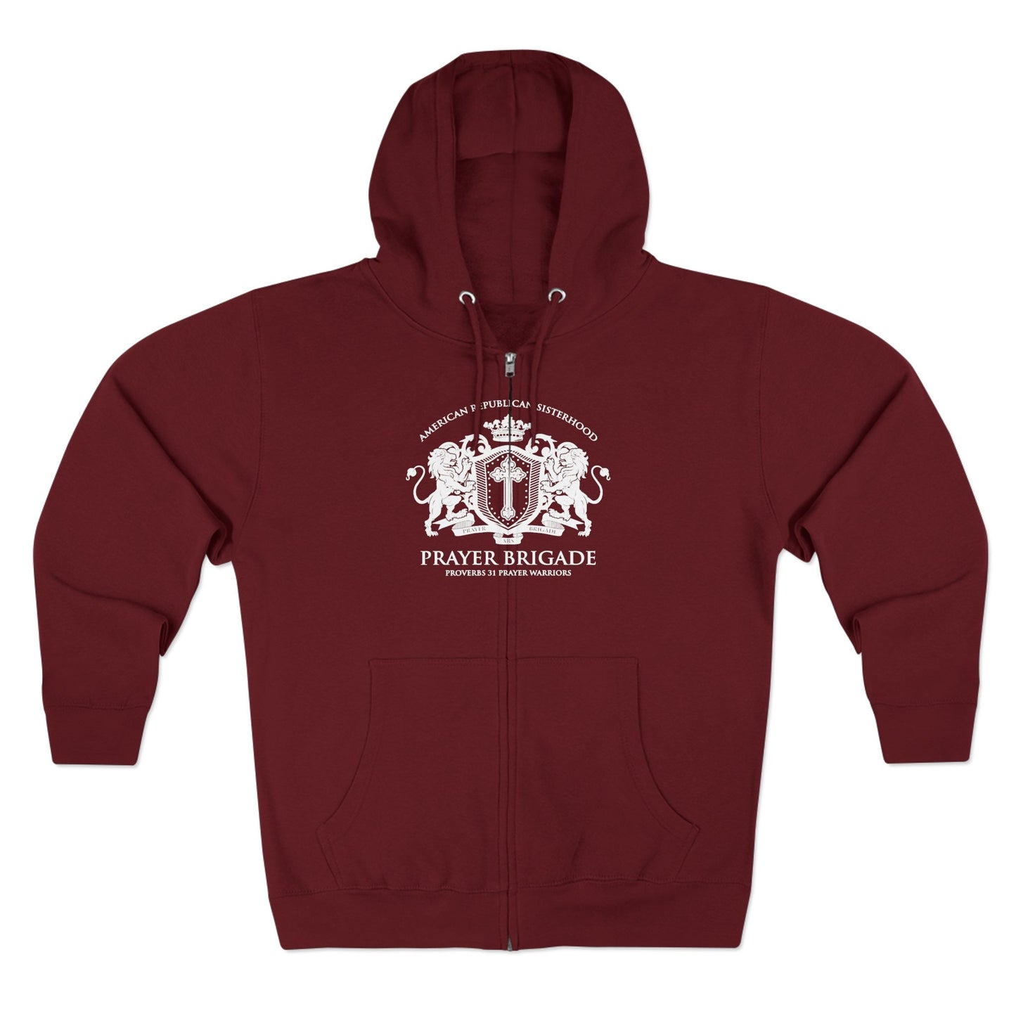 ARS Prayer Brigade Unisex Full Zip Hoodie (Dark Red with White Logo)