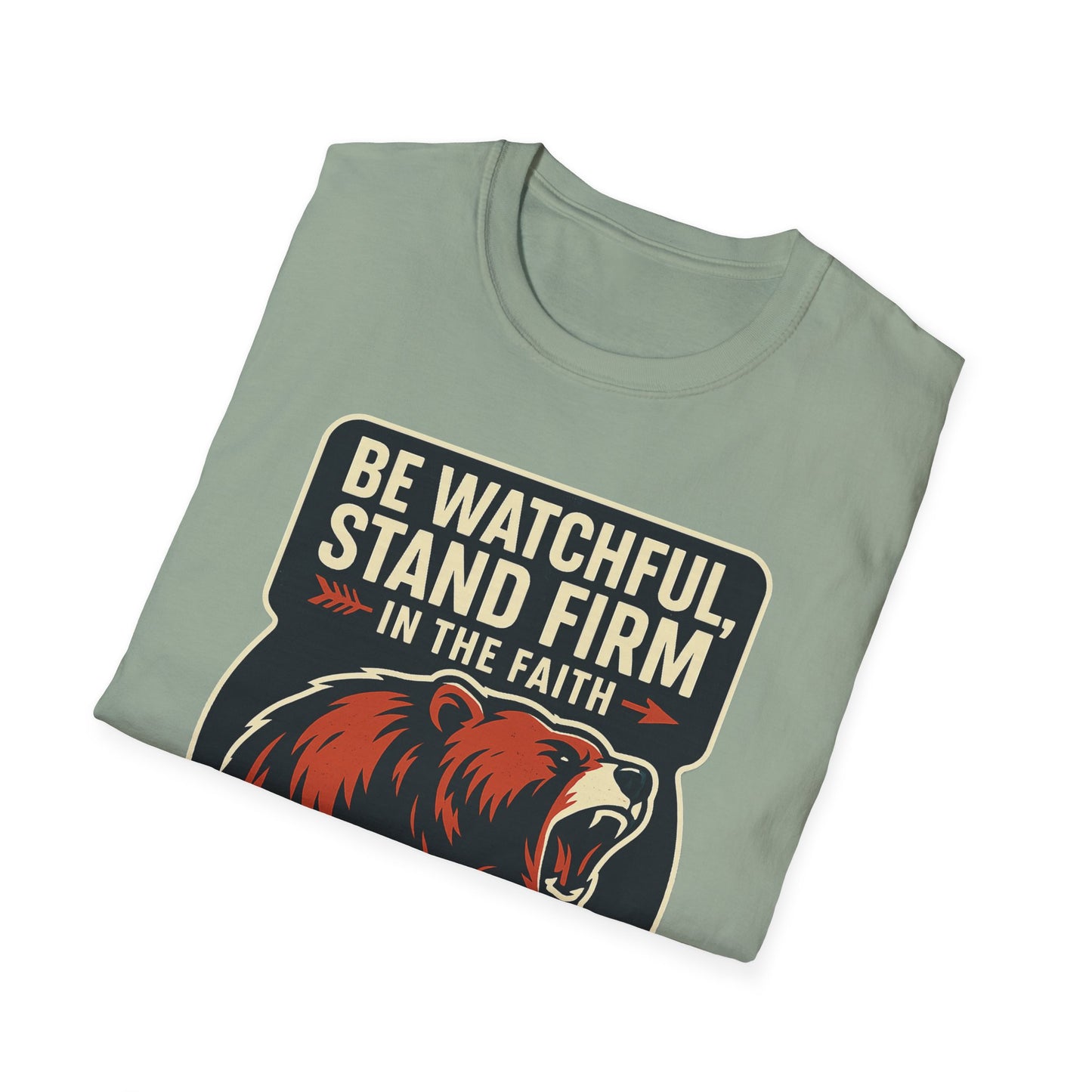 "Stand Firm in Faith" Bear Bible Verse Softstyle Tshirt