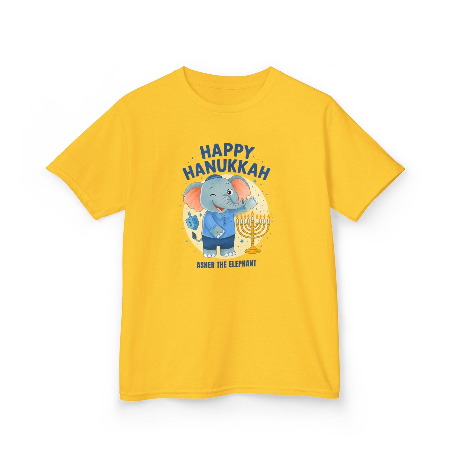 Happy Hanukkah Asher the Elephant Kids Tshirt (Wink Logo)