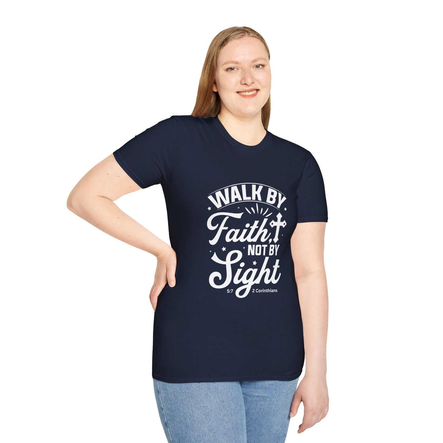 Walk by Faith 2 Corinth. 5:7 Bible Verse Christian Softstyle Tshirt (White Logo)