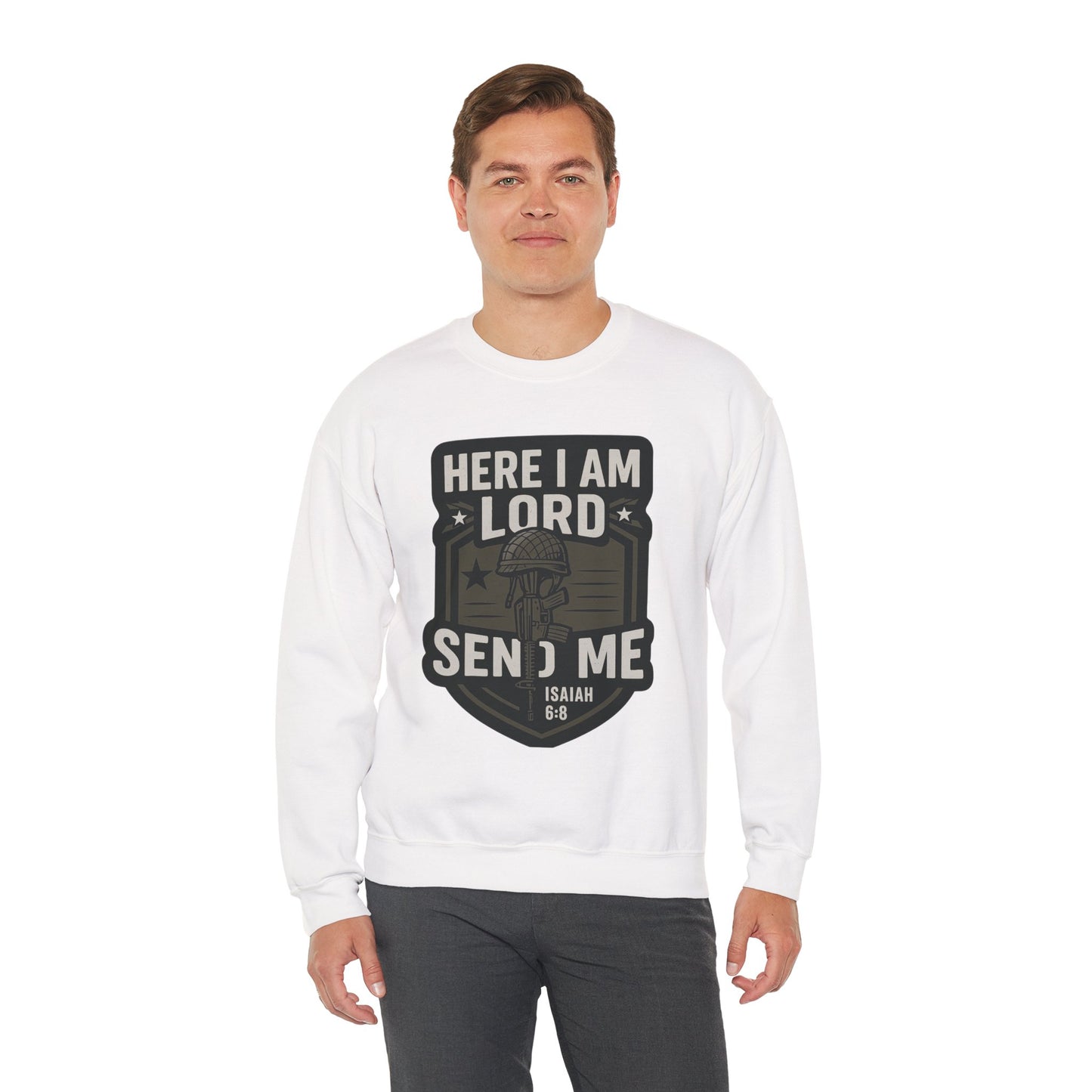"Here I Am Lord Send Me" Bible Verse Inspirational Faith Sweatshirt (Military Logo)