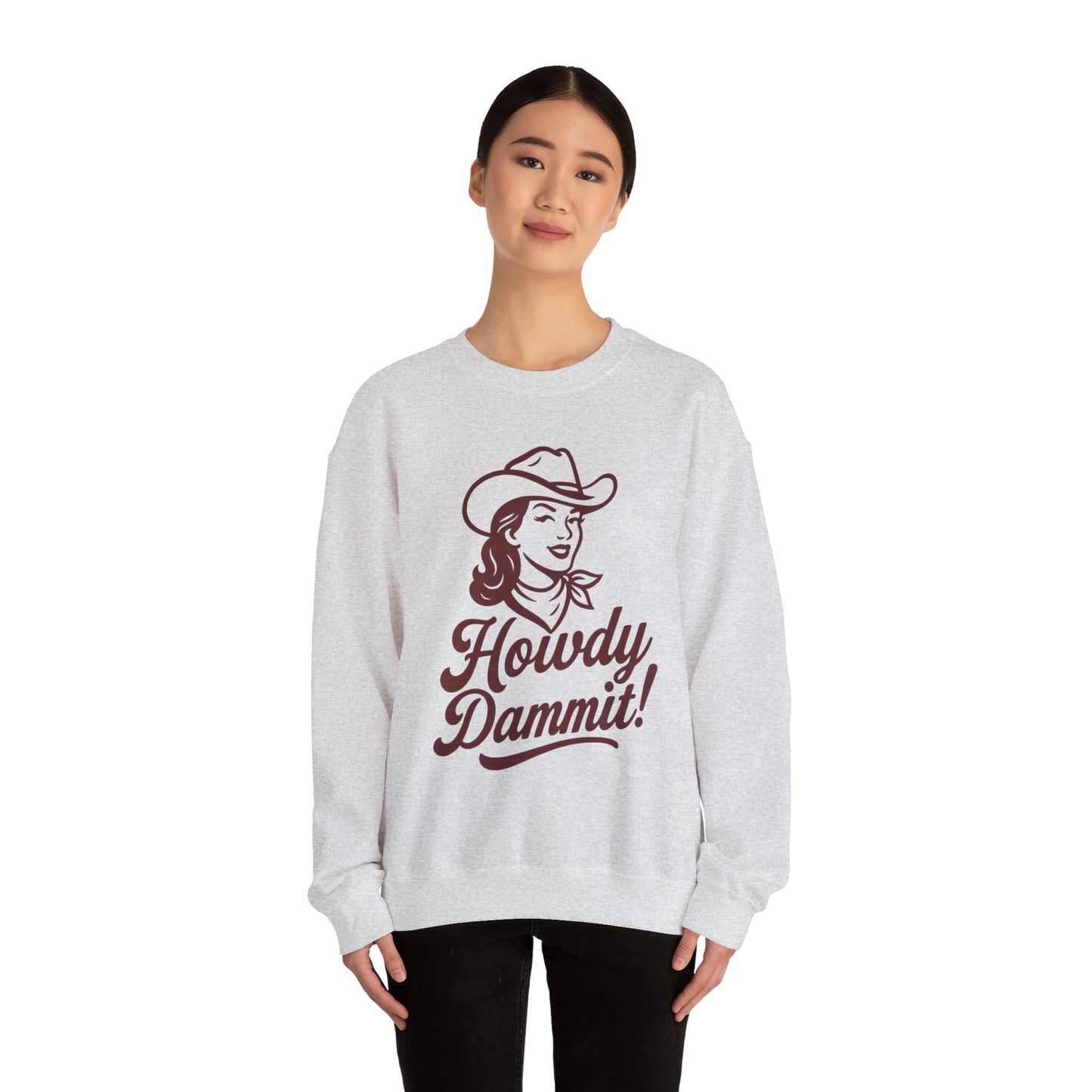 Howdy Dammit! Aggie Texas Cowgirl Cozy Unisex Sweatshirt (Maroon Logo)
