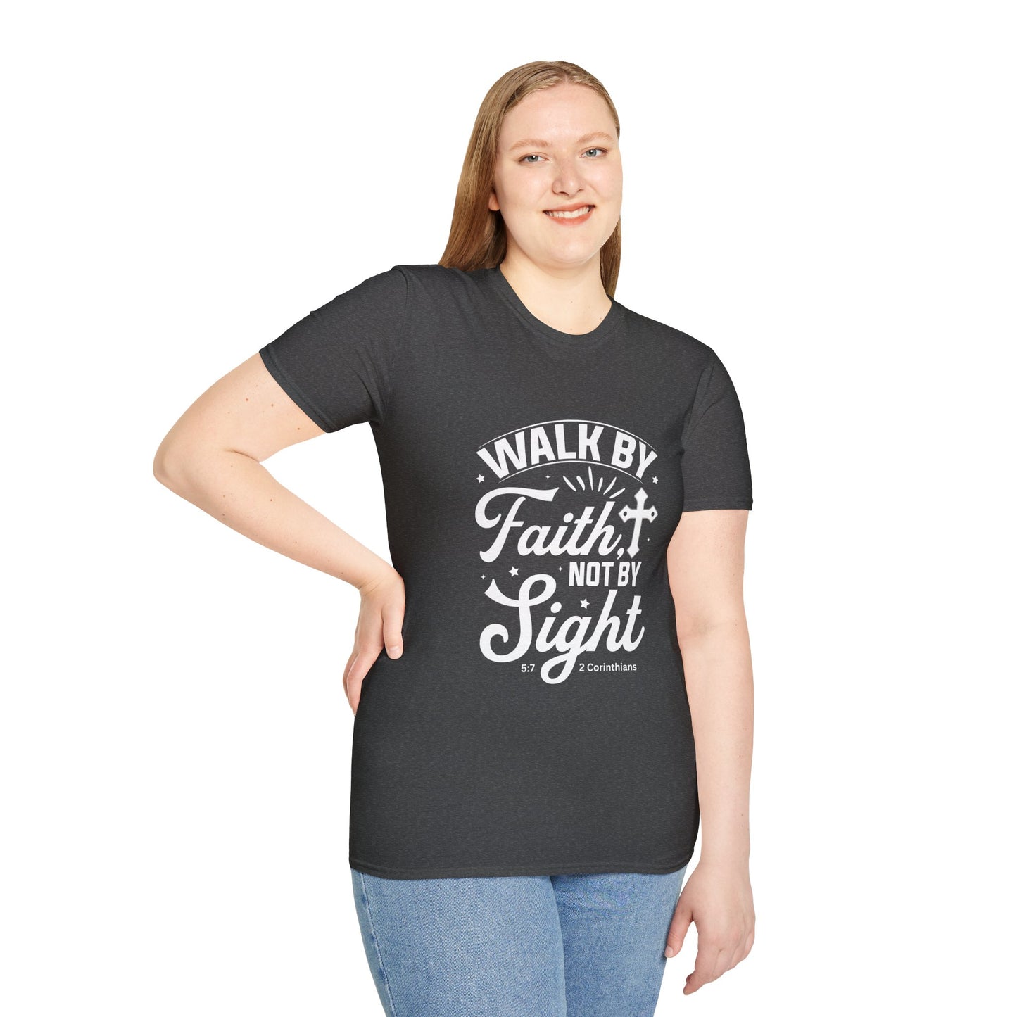 Walk by Faith 2 Corinth. 5:7 Bible Verse Christian Softstyle Tshirt (White Logo)
