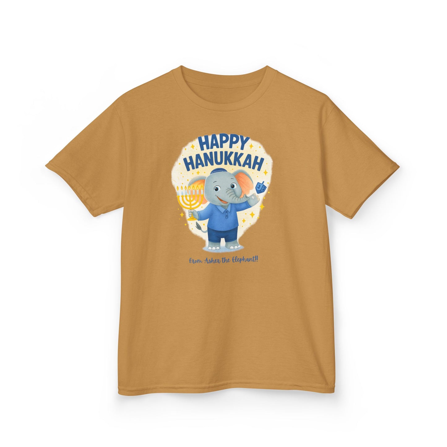 Happy Hanukkah Asher the Elephant Kids Tshirt (Standing Logo)