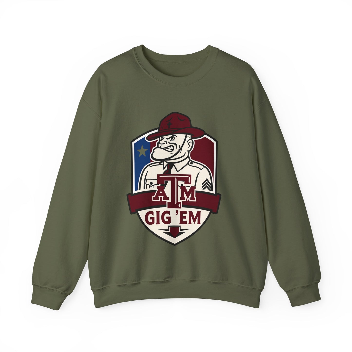 Gig 'Em Aggies Old Sarge Crest Texas A&M Soft Cozy Sweatshirt (Texas Flag Logo 2)