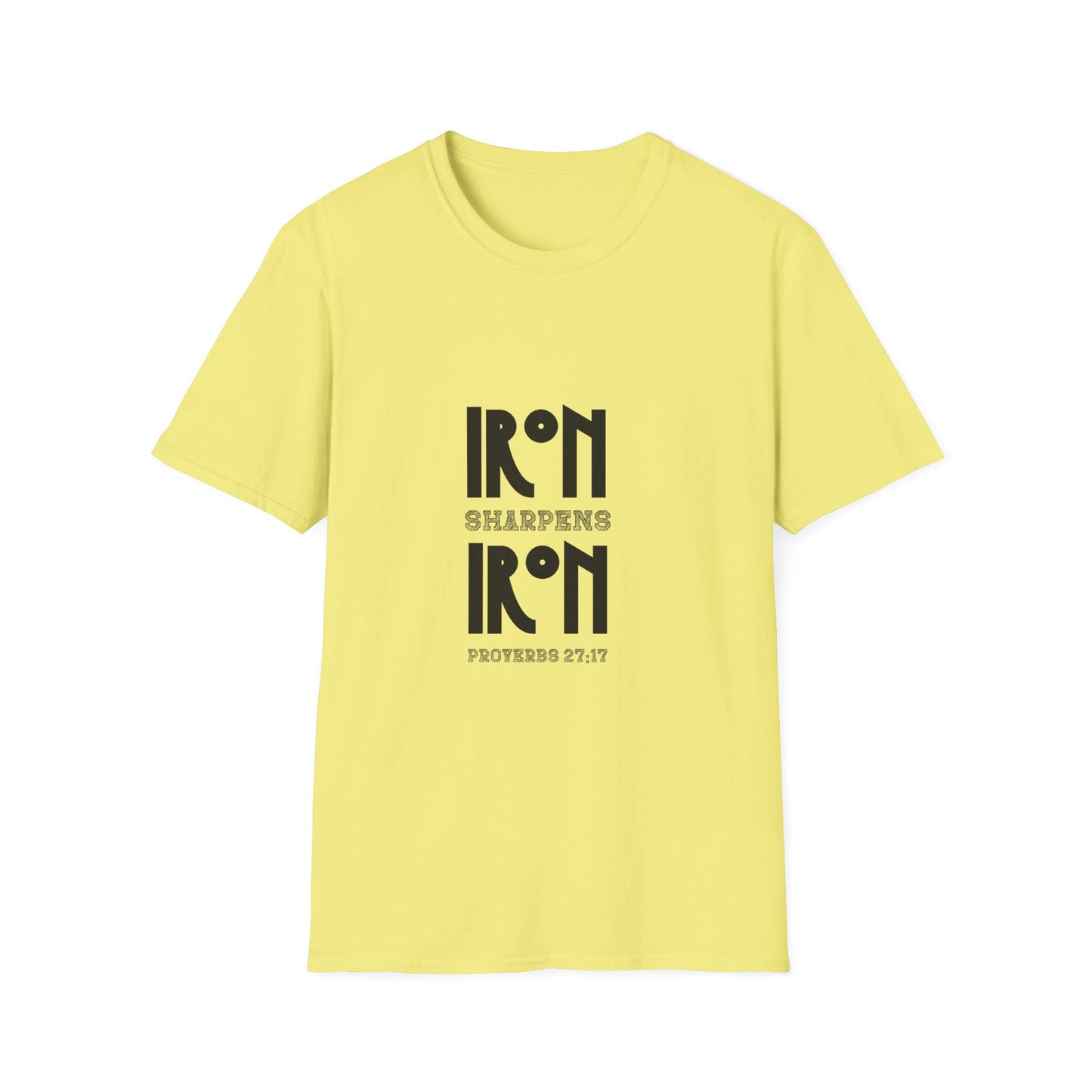 "Iron Sharpens Iron" Bible Verse Christian Inspirational Softstyle Tshirt (Black Logo)