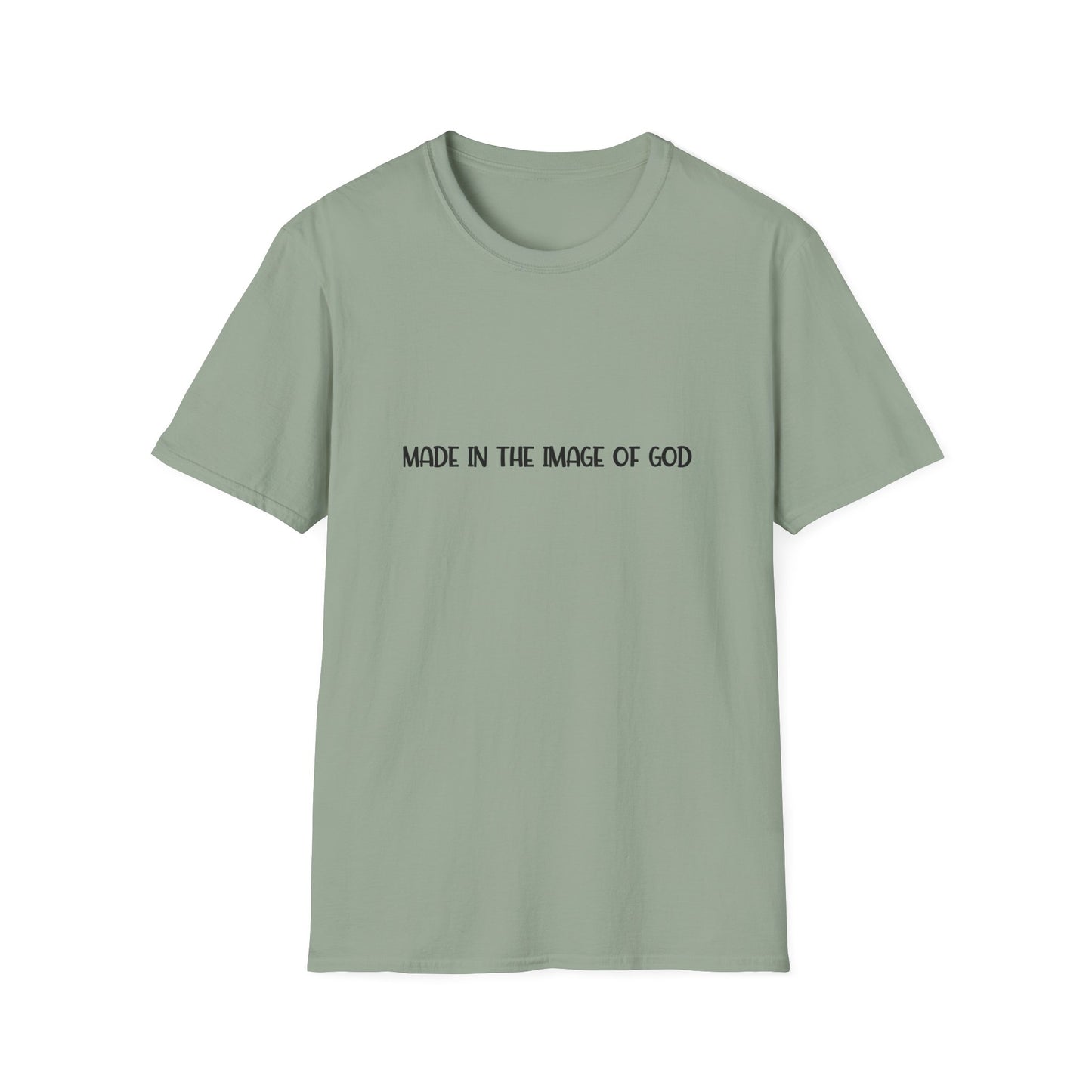 "Made in the Image of God" Christian Inspirational Softstyle Tshirt (FP Black Logo)