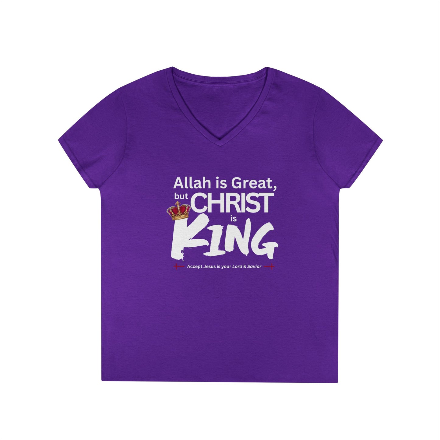 "Christ is King" Women's V-Neck Tshirt (Great Logo - White) - Sweet Baby Jeez Teez