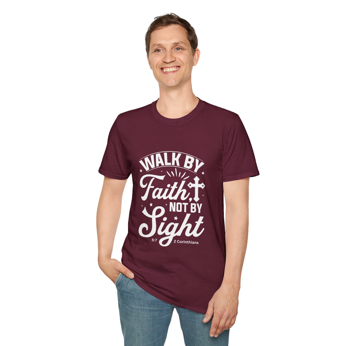 Walk by Faith 2 Corinth. 5:7 Bible Verse Christian Softstyle Tshirt (White Logo)