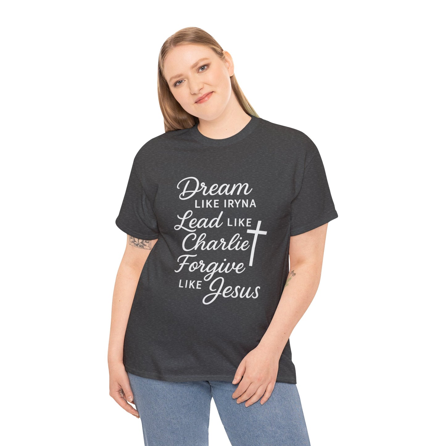 Dream, Lead, Forgive Women's Relaxed Heavy Cotton Tshirt (White Logo)