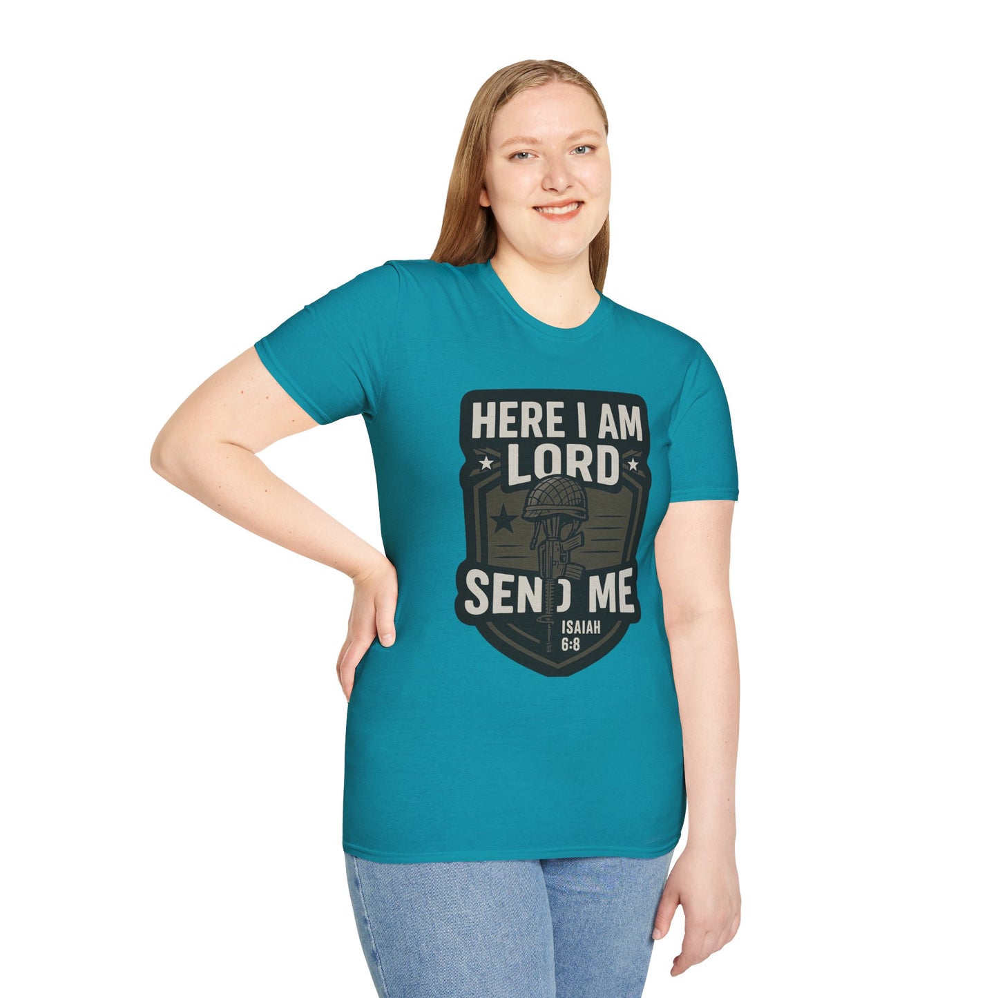 "Here I Am Lord Send Me" Bible Verse Inspirational Faith T-Shirt (Military Logo)