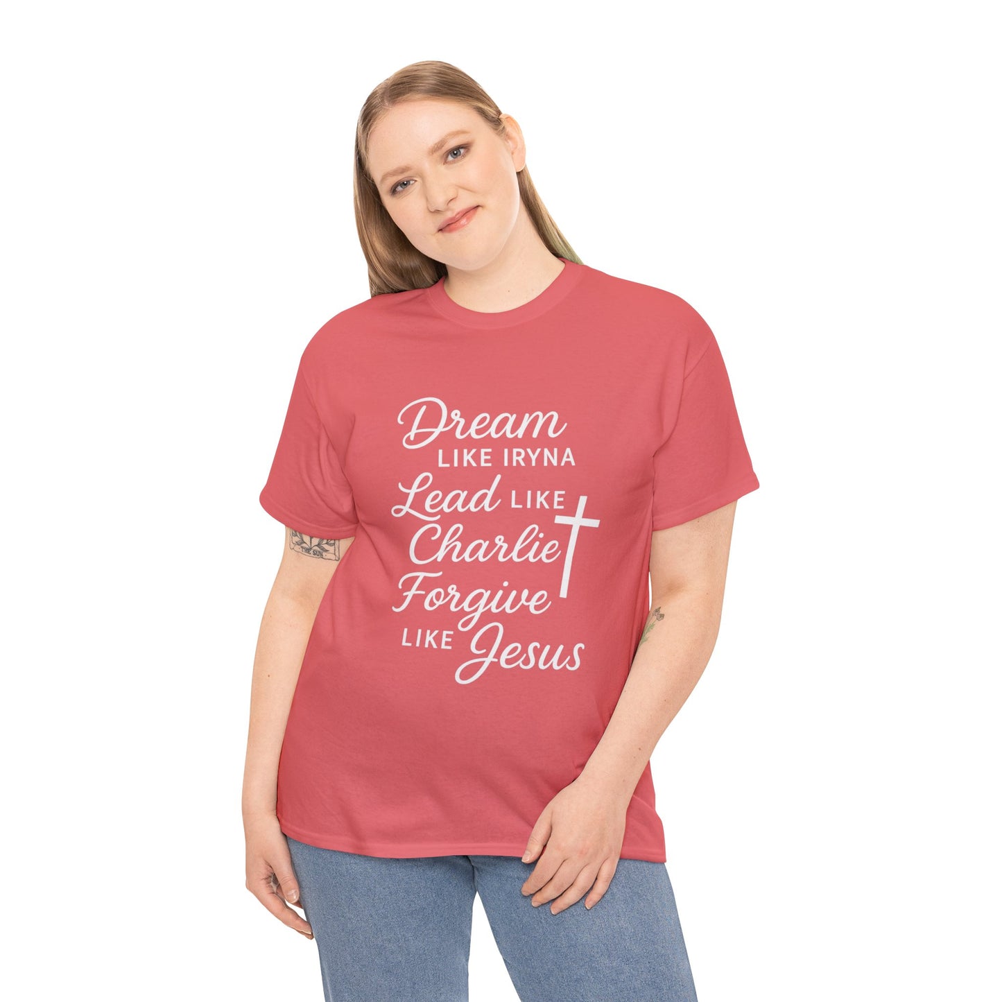 Dream, Lead, Forgive Women's Relaxed Heavy Cotton Tshirt (White Logo)