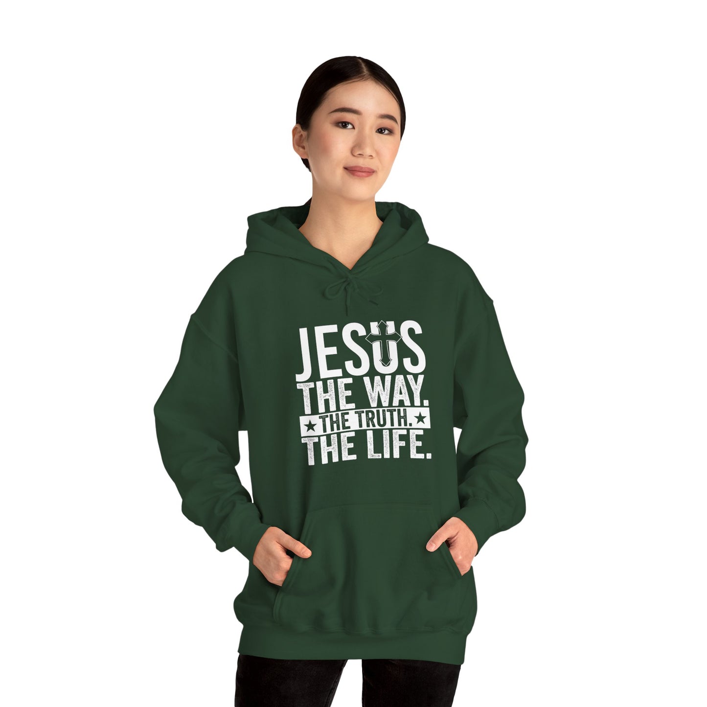"Jesus The Way, The Truth, The Life" Heavy Fleece Unisex Hoodie (White Logo)