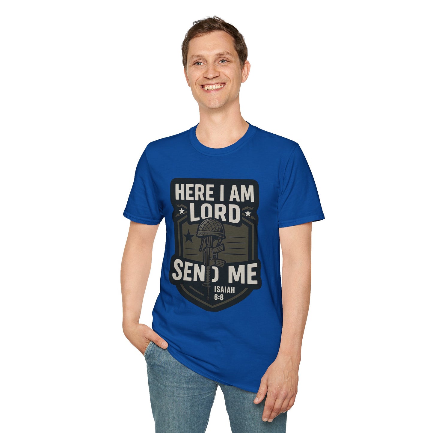 "Here I Am Lord Send Me" Bible Verse Inspirational Faith T-Shirt (Military Logo)