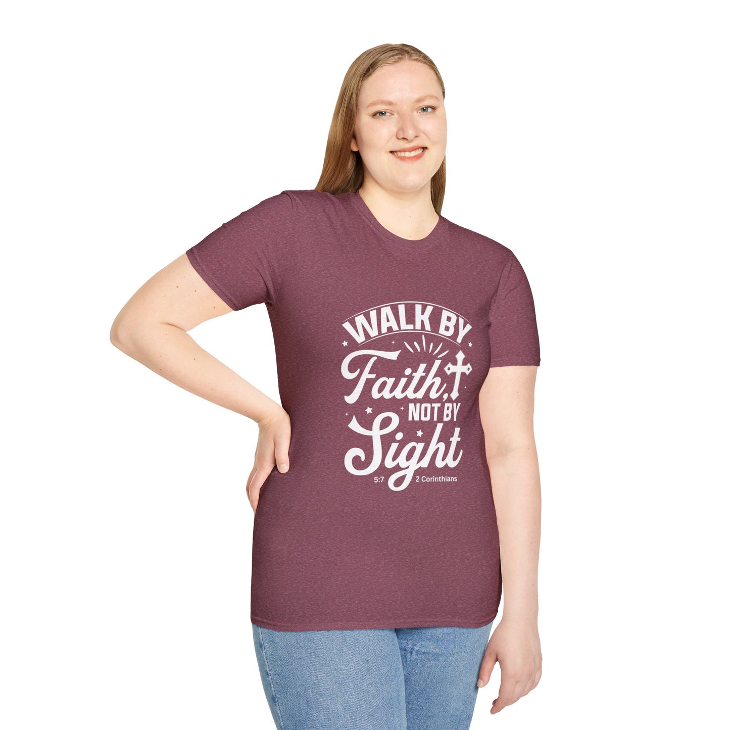 Walk by Faith 2 Corinth. 5:7 Bible Verse Christian Softstyle Tshirt (White Logo)