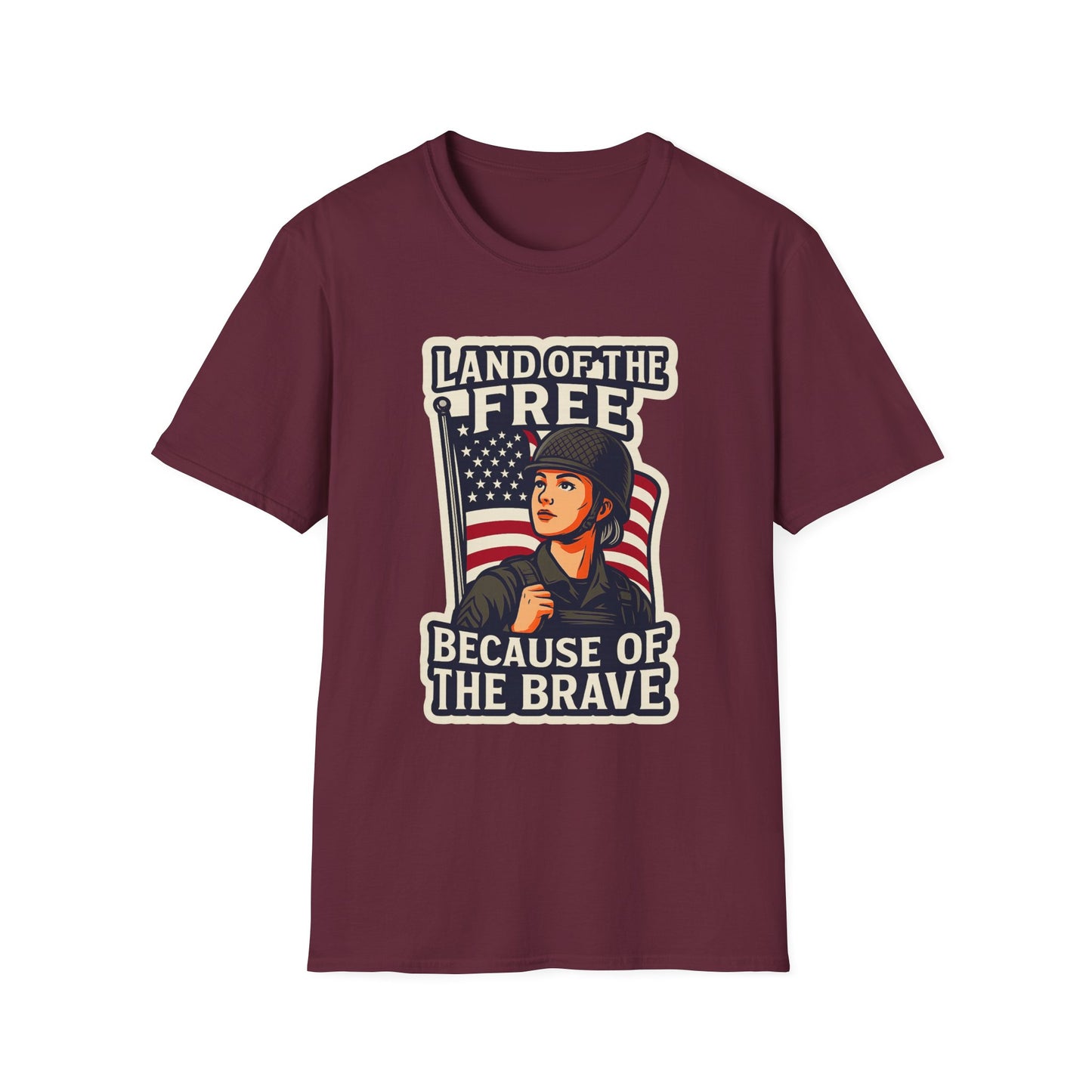 "Land of the Free because of the Brave" Patriotic Softstyle T-Shirt (Female Soldier)