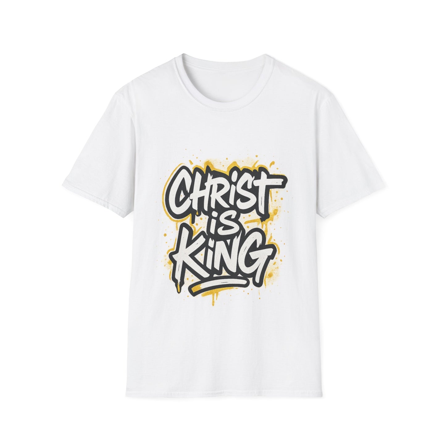 Christ is King Graphic Men's Unisex Softstyle Tshirt (White/Gold Logo)