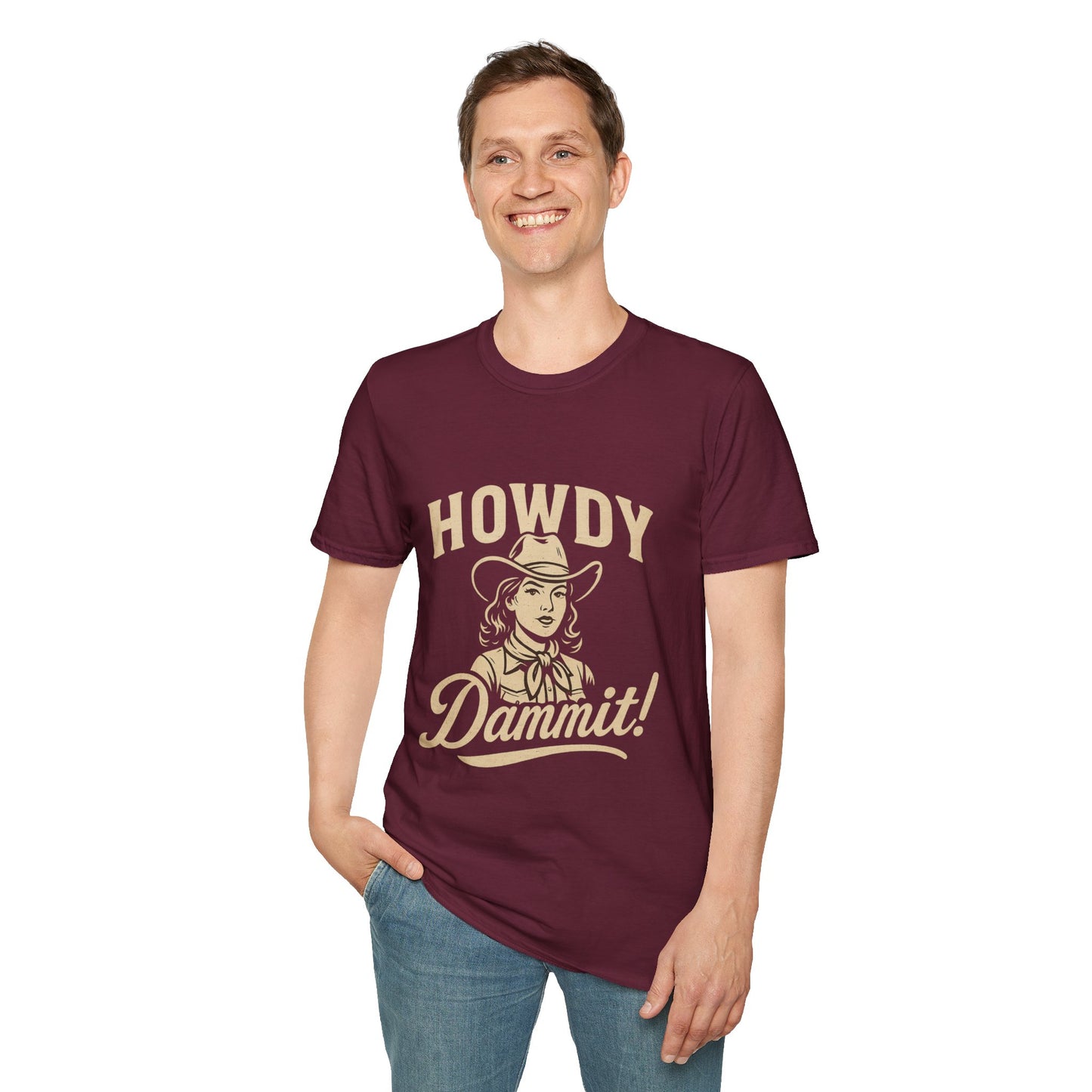 Howdy Dammit! Aggie Texas Cowgirl Softstyle Tshirt (Gold Logo)