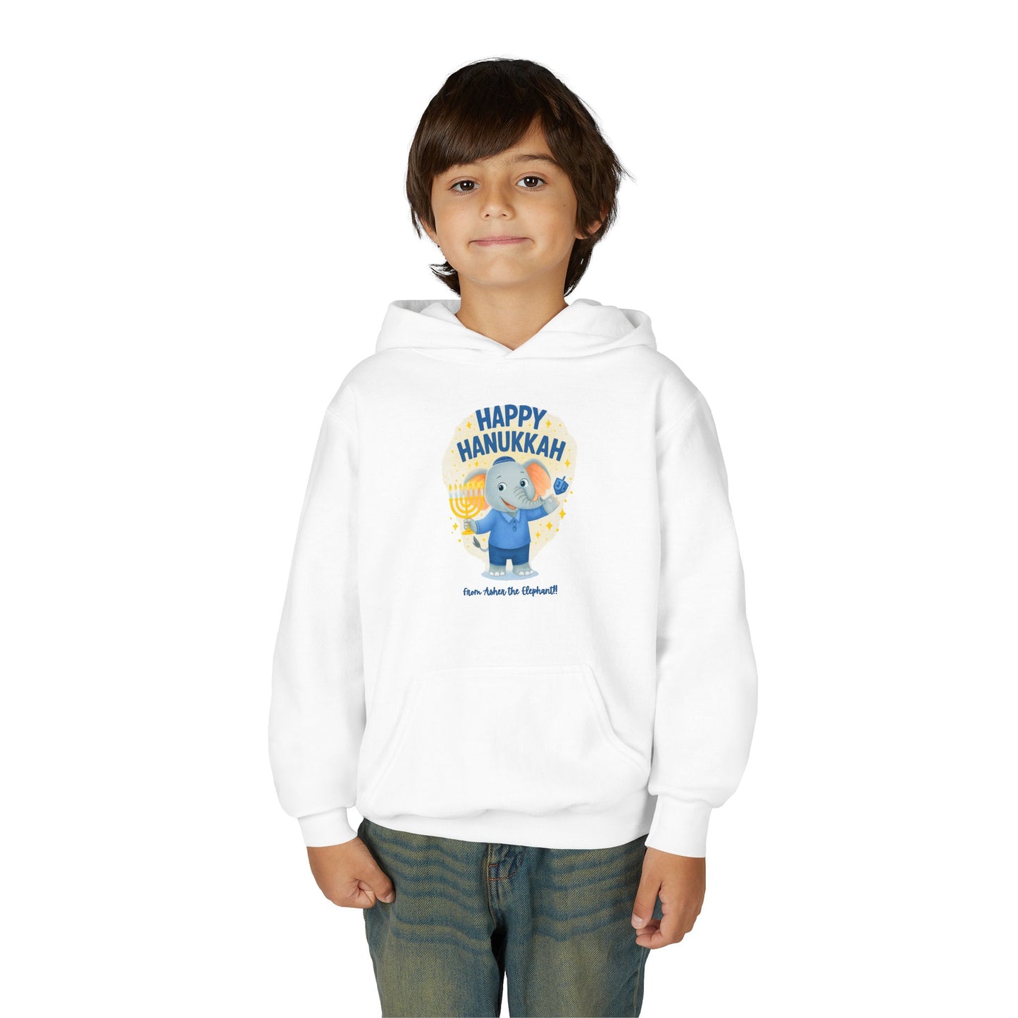 Happy Hanukkah Asher the Elephant Kids Hoodie (Standing Logo)