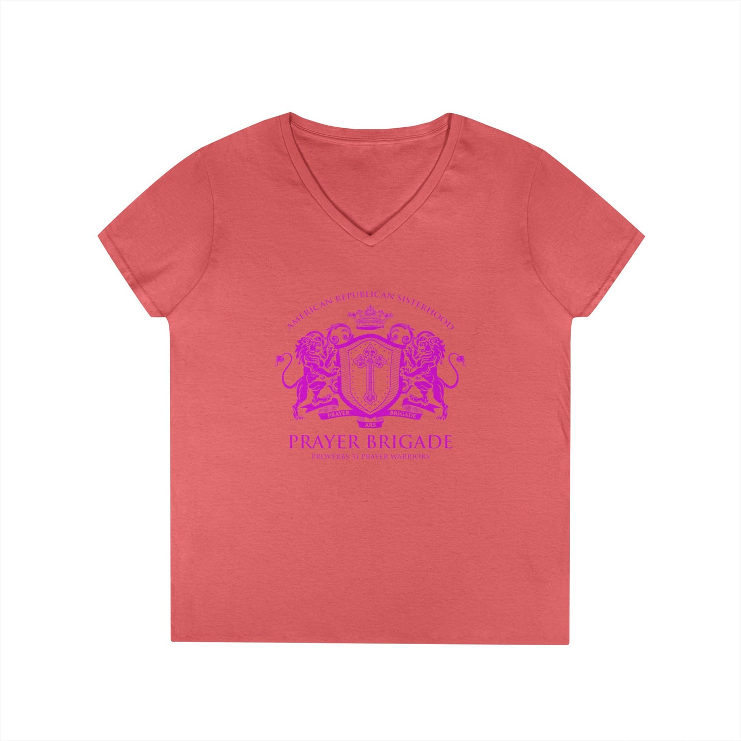ARS Prayer Brigade Ladies' V-Neck T-Shirt (Dark Gray with Hot Pink Logo)
