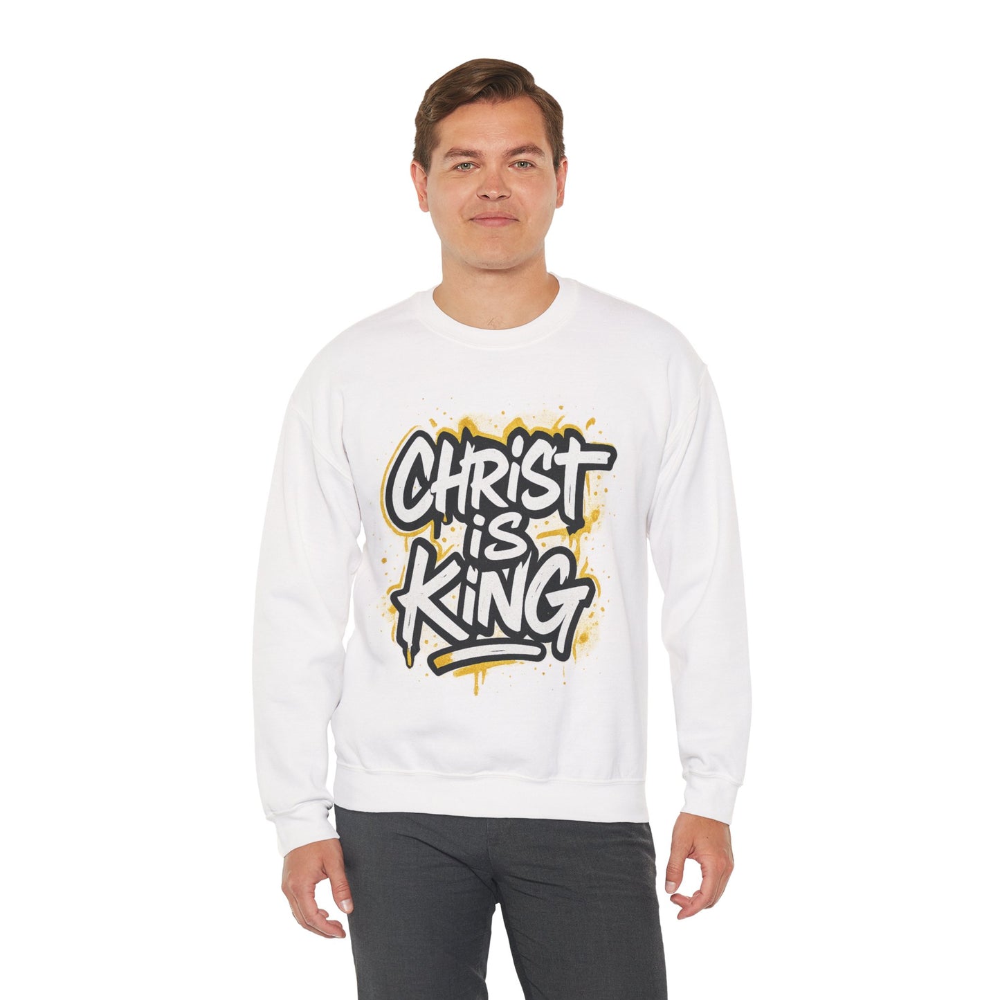 Christ is King Men's Crewneck Sweatshirt (White/Gold Logo)