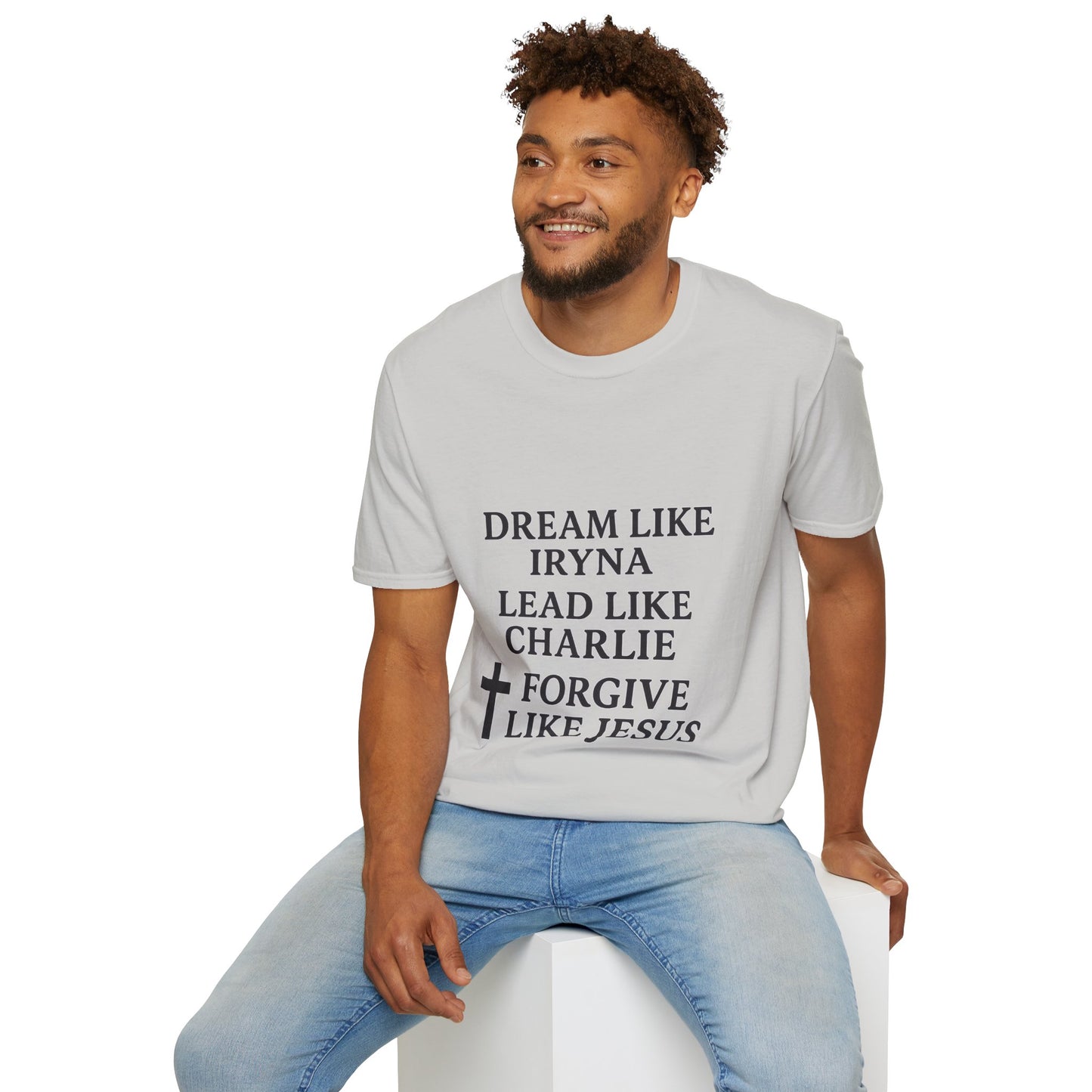 Dream, Lead, Forgive Men's Unisex Softstyle Tshirt (Black Logo)