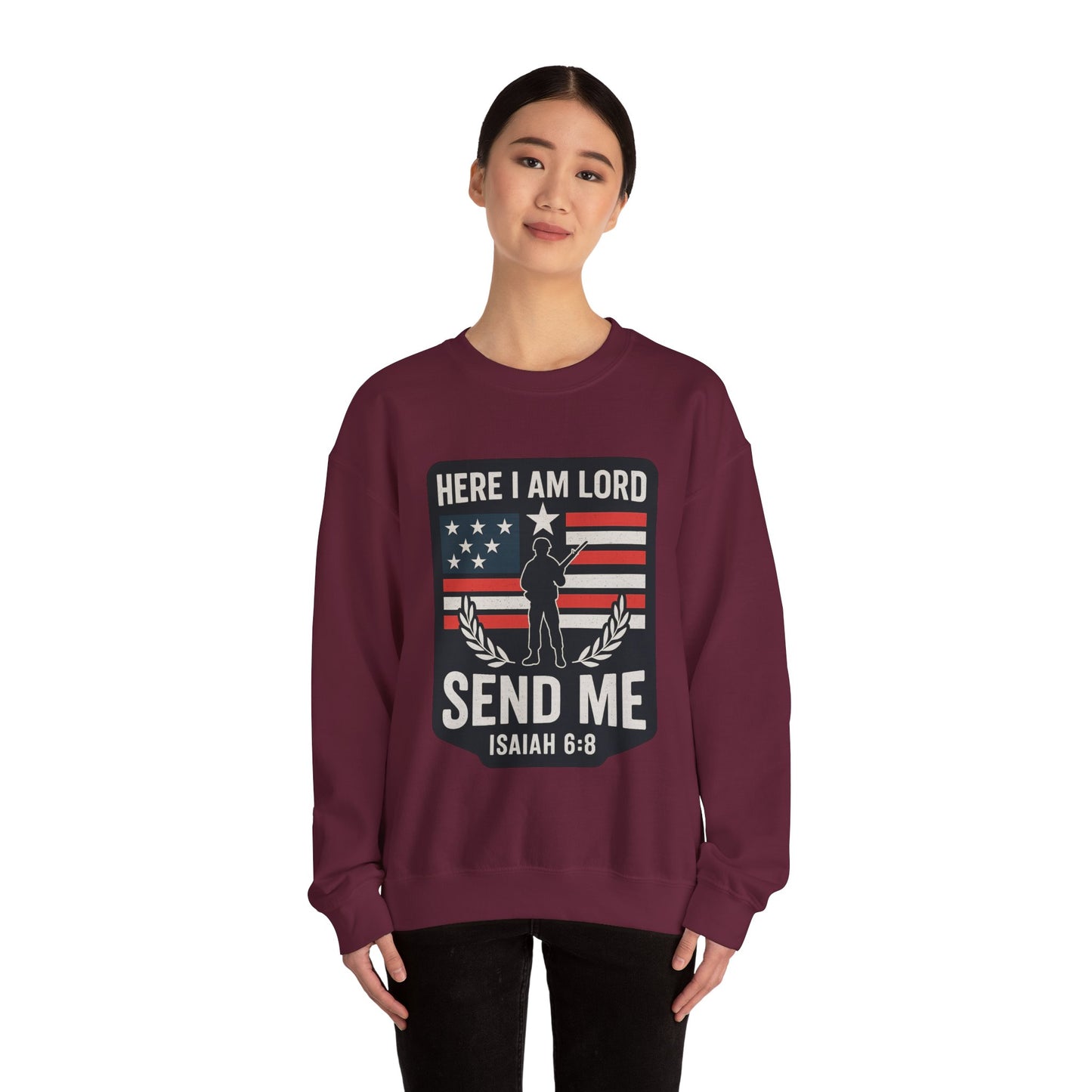 "Here I Am Lord" Isaiah 6:8 Bible Verse Christian Sweatshirt (Soldier Logo)