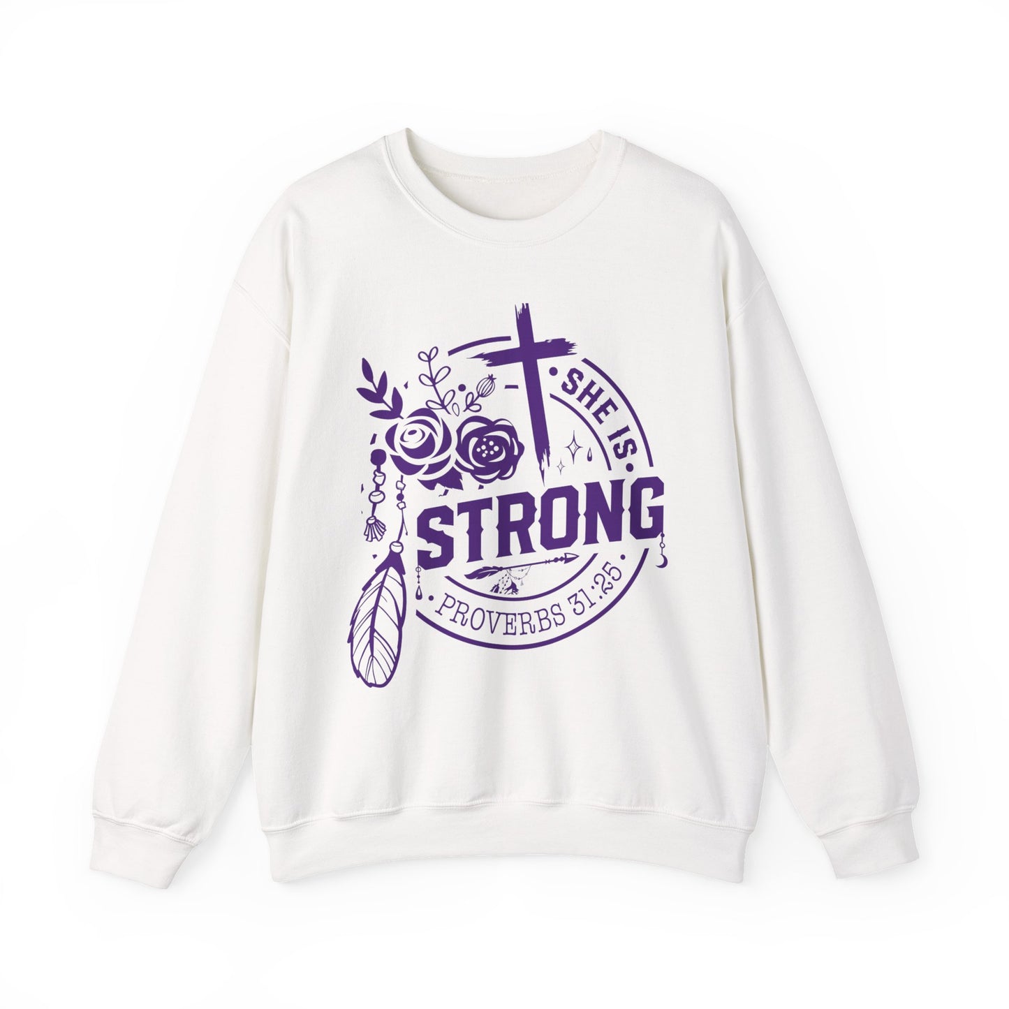 "She is Strong" Proverbs 31:25 Bible Verse Women's Sweatshirt (Plum Logo)