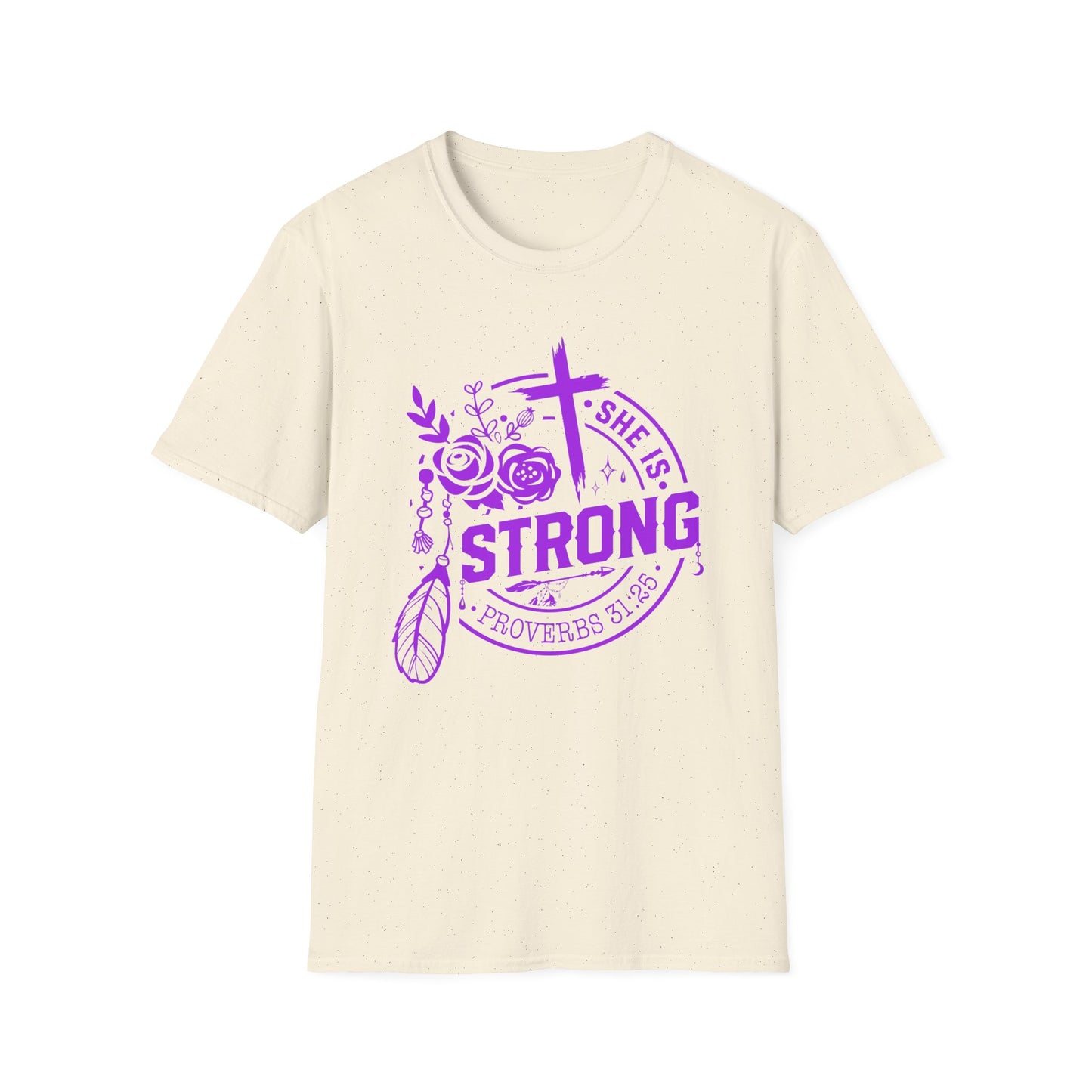 "She is Strong" Proverbs 31:25 Bible Verse Relaxed Tshirt (Hot Pink Logo)