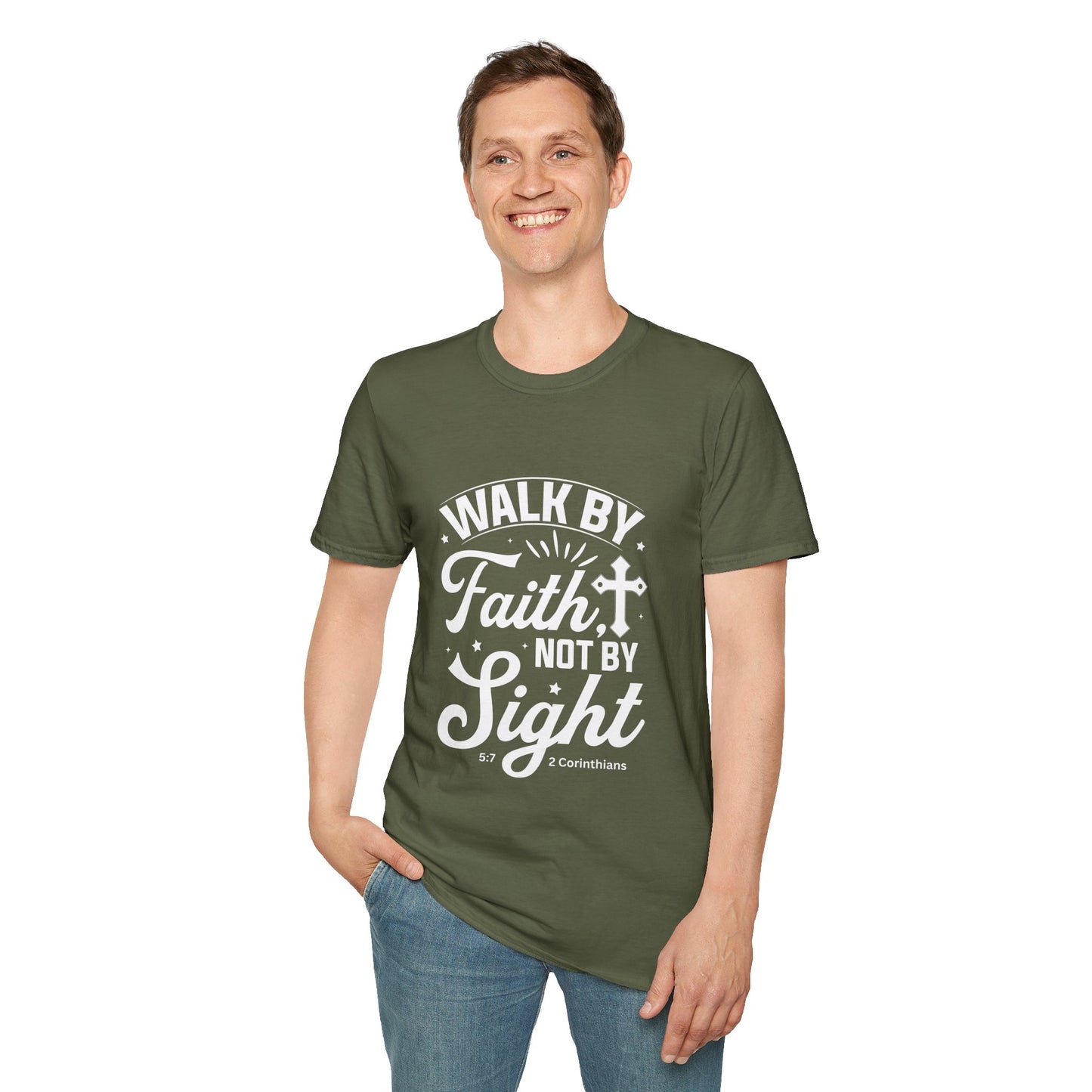 Walk by Faith 2 Corinth. 5:7 Bible Verse Christian Softstyle Tshirt (White Logo)