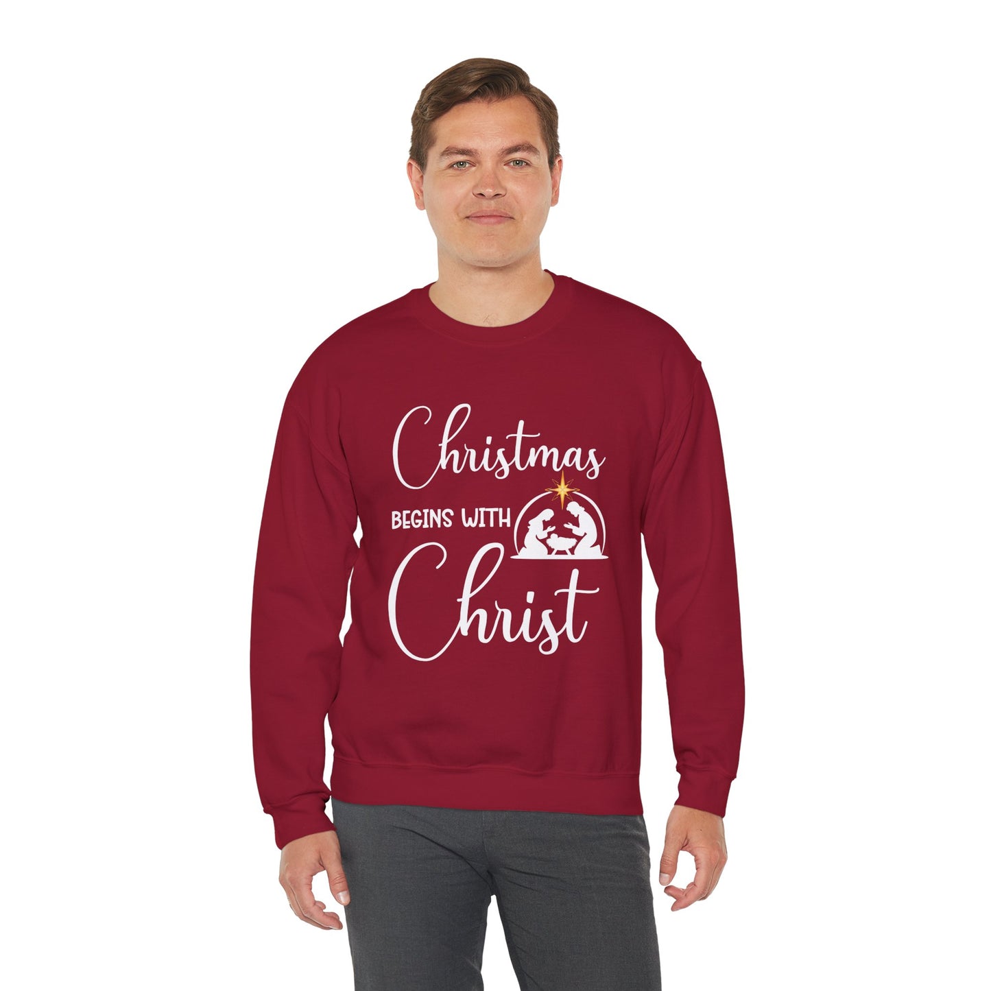 Christmas Begins with Christ Heavy Crewneck Sweatshirt (White/Gold Logo) - Sweet Baby Jeez Teez