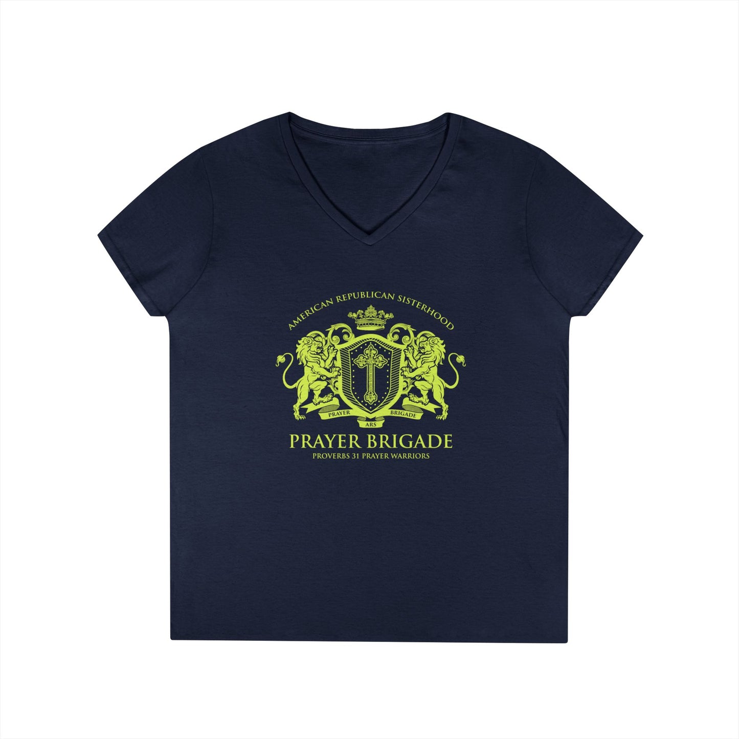 ARS Prayer Brigade Ladies' V-Neck T-Shirt (Chartreuse Logo)