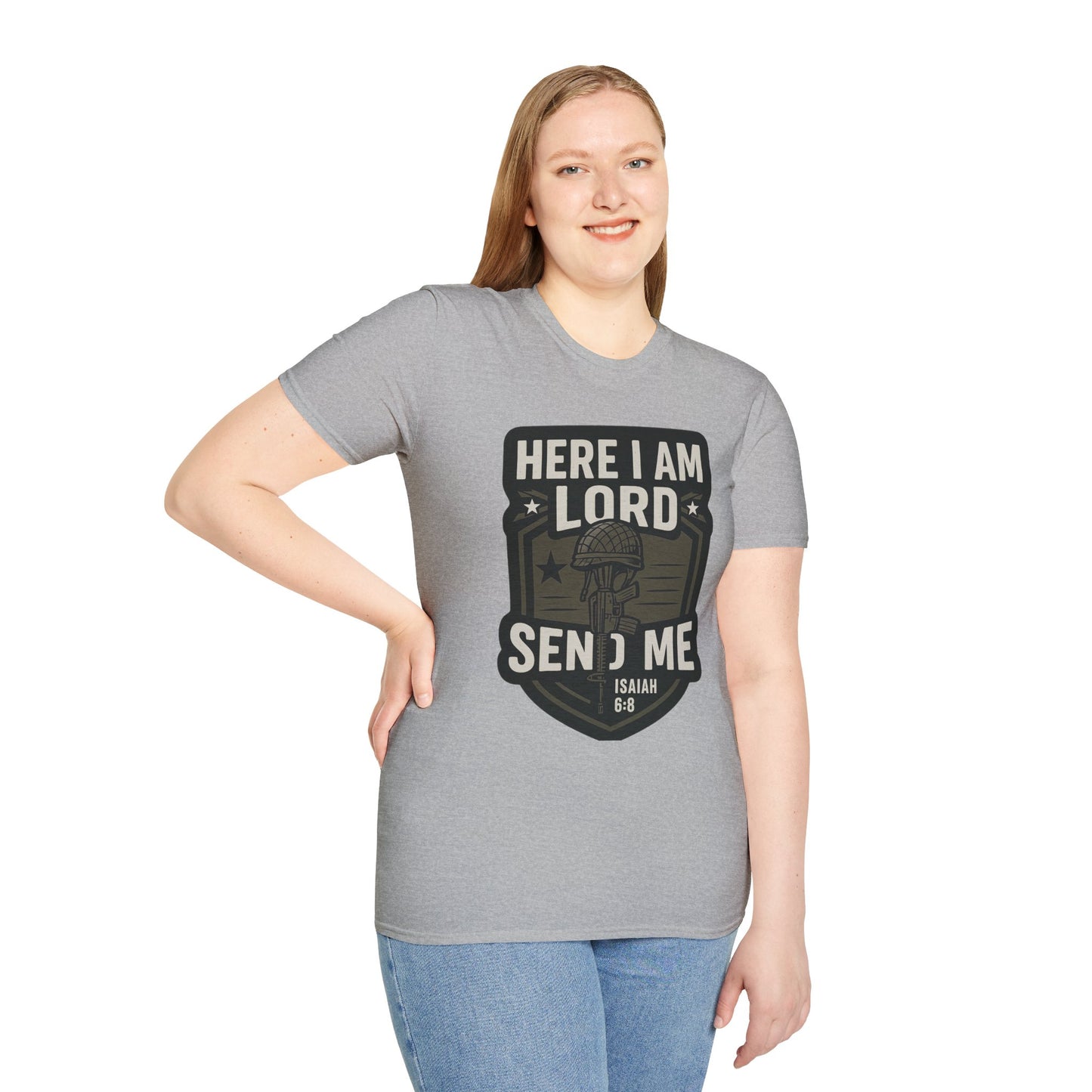 "Here I Am Lord Send Me" Bible Verse Inspirational Faith T-Shirt (Military Logo)