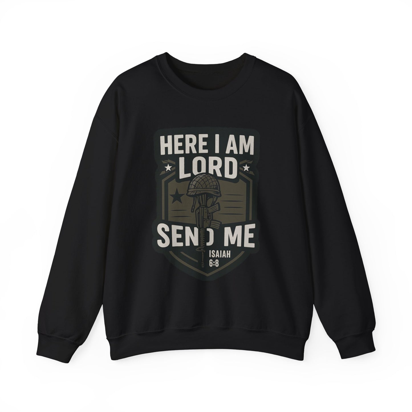 "Here I Am Lord Send Me" Bible Verse Inspirational Faith Sweatshirt (Military Logo)