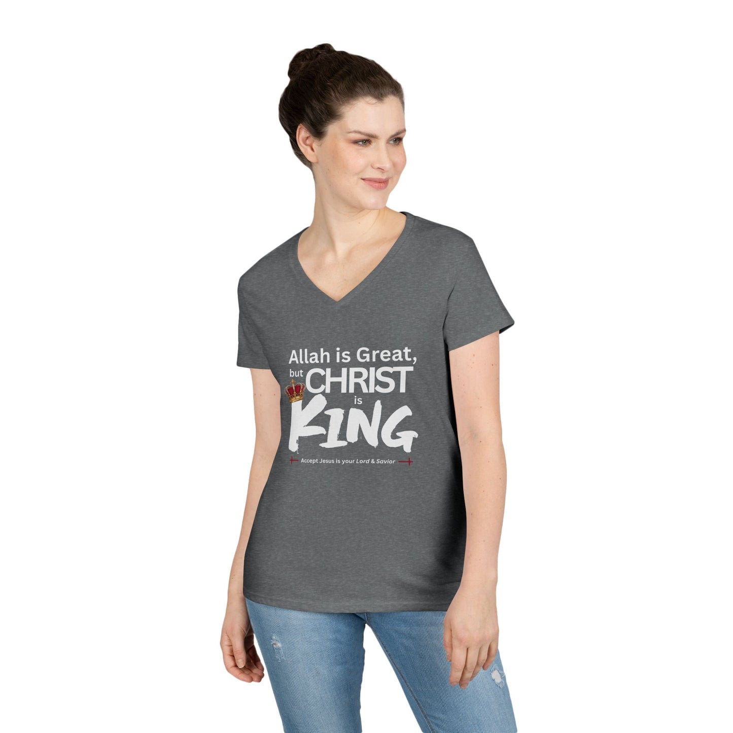 "Christ is King" Women's V-Neck Tshirt (Great Logo - White) - Sweet Baby Jeez Teez