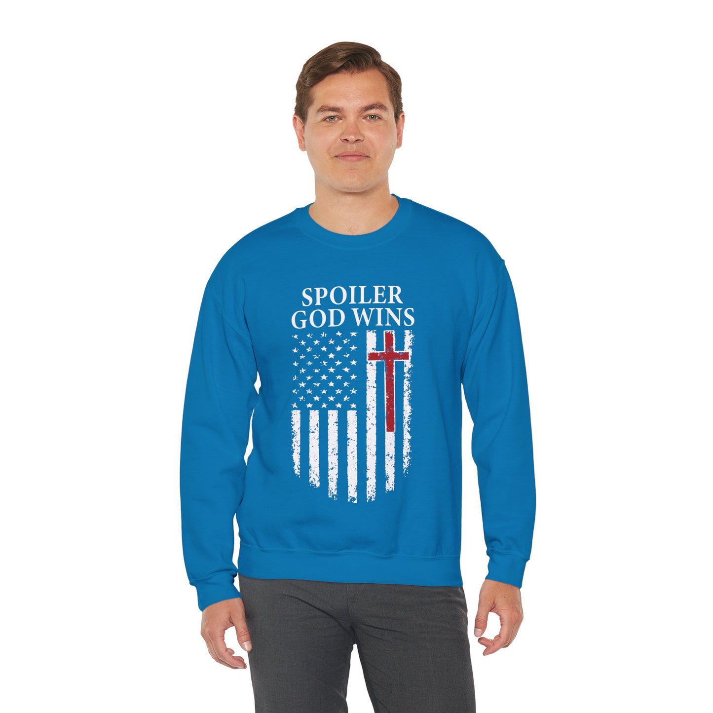 "Spoiler God Wins" Christian Unisex Cozy Sweatshirt