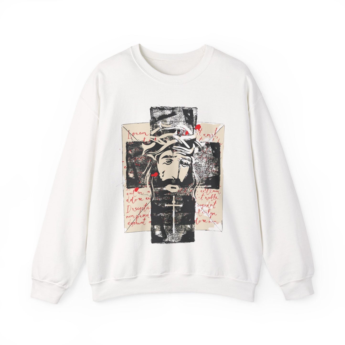 Christ on Cross with Latin Logo Men's Heavy Blend Sweatshirt - Sweet Baby Jeez Teez