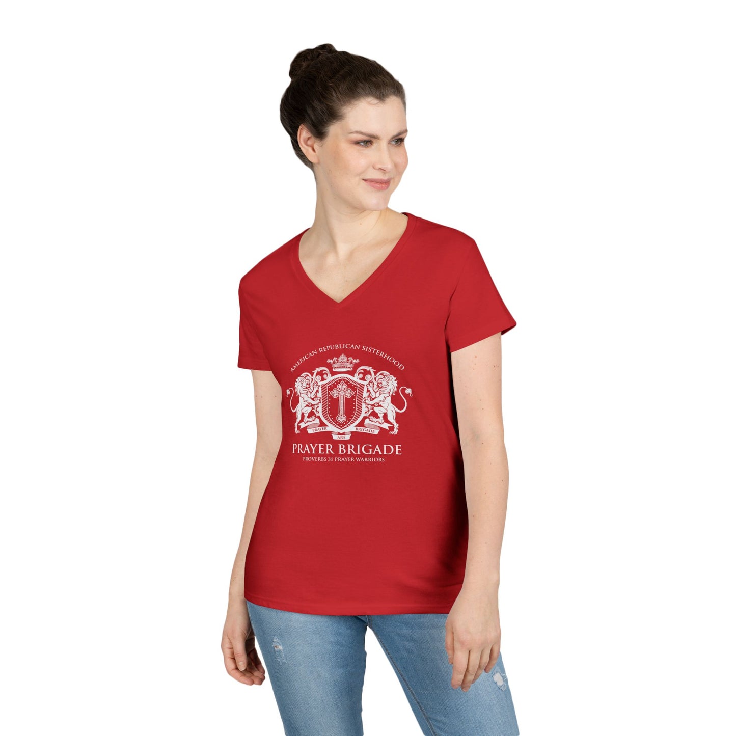 ARS Prayer Brigade Ladies' V-Neck T-Shirt (Red with White Logo)