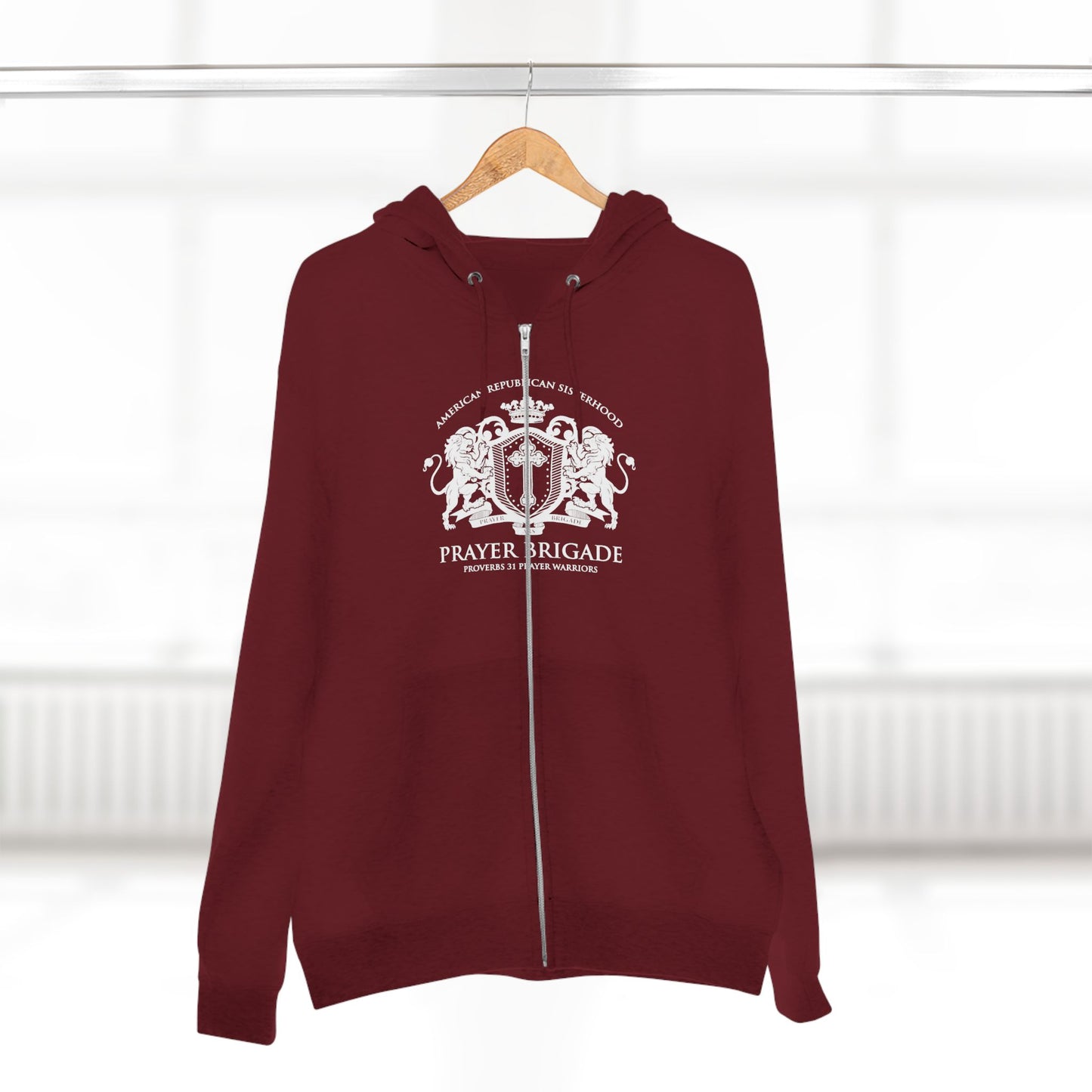 ARS Prayer Brigade Unisex Full Zip Hoodie (Dark Red with White Logo)