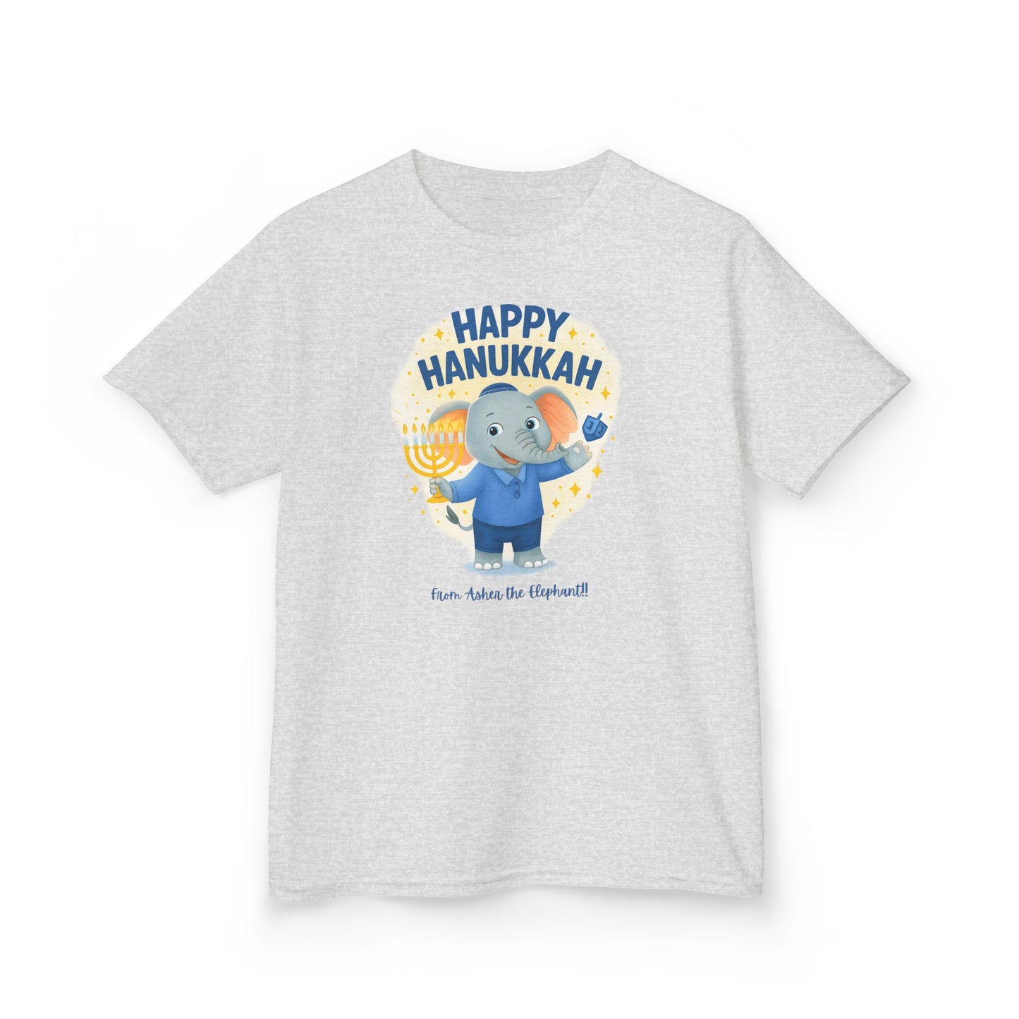 Happy Hanukkah Asher the Elephant Kids Tshirt (Standing Logo)