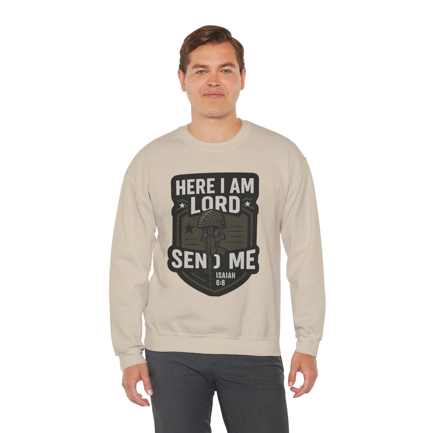 "Here I Am Lord Send Me" Bible Verse Inspirational Faith Sweatshirt (Military Logo)
