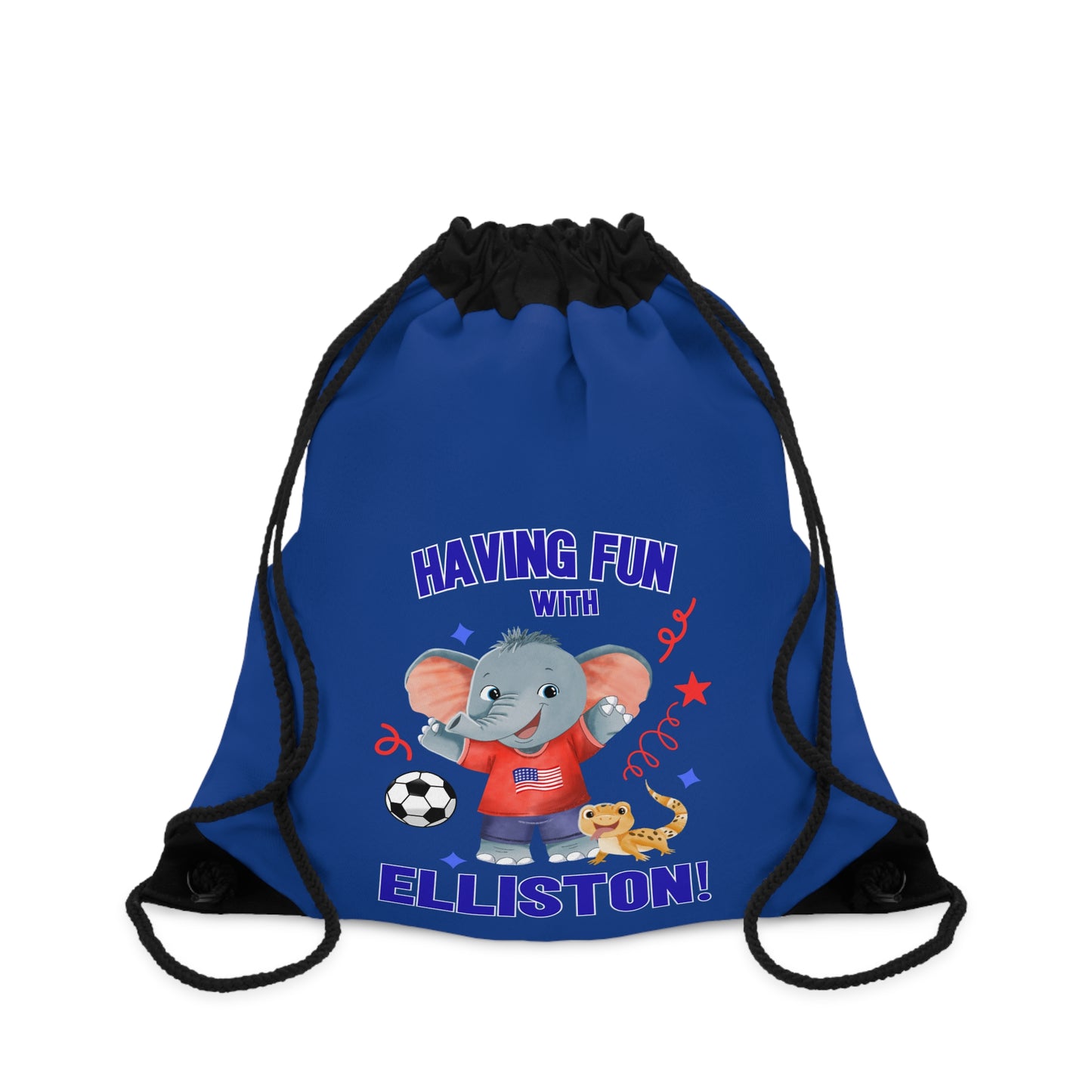 Elliston the Elephant (TM), Having Fun with Elliston Drawstring Bag (Dark Blue)