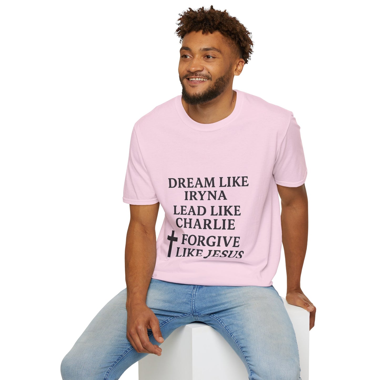Dream, Lead, Forgive Men's Unisex Softstyle Tshirt (Black Logo)